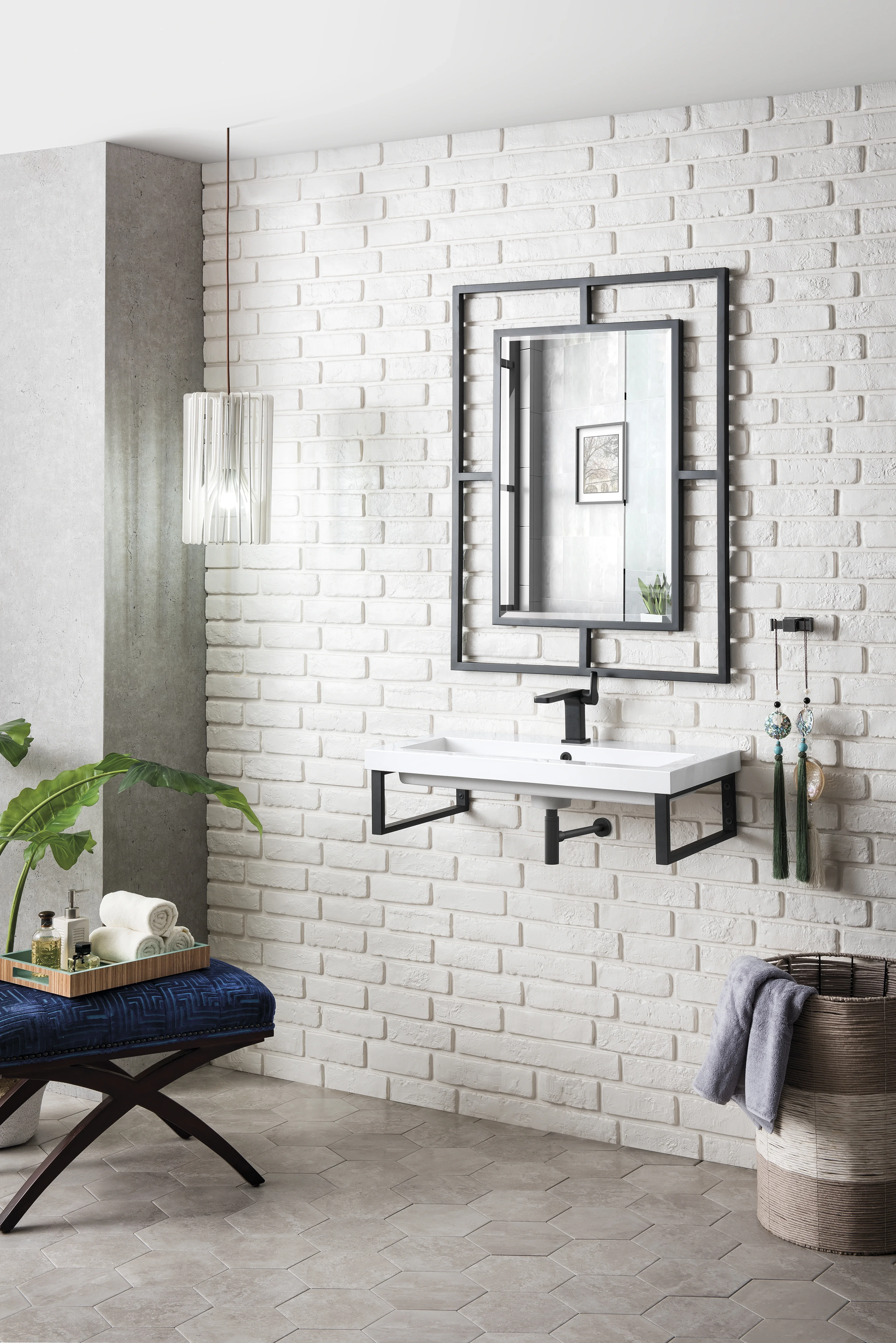 Two Boston 15.25" Wall Brackets, Matte Black w/ 31.5" White Glossy Composite Stone Top