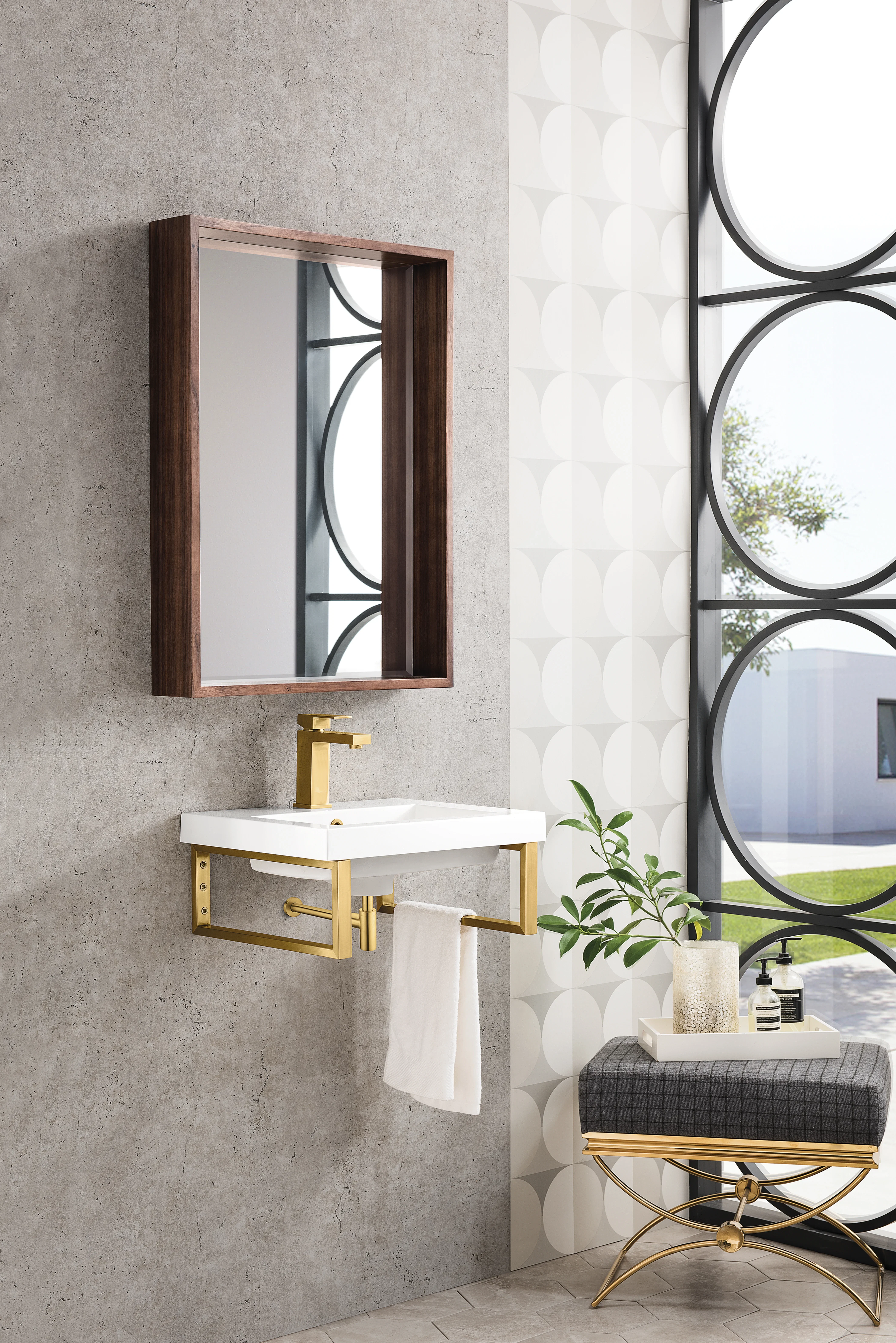 Two Boston 15.25" Wall Brackets, Radiant Gold w/ 20" White Glossy Composite Stone Top