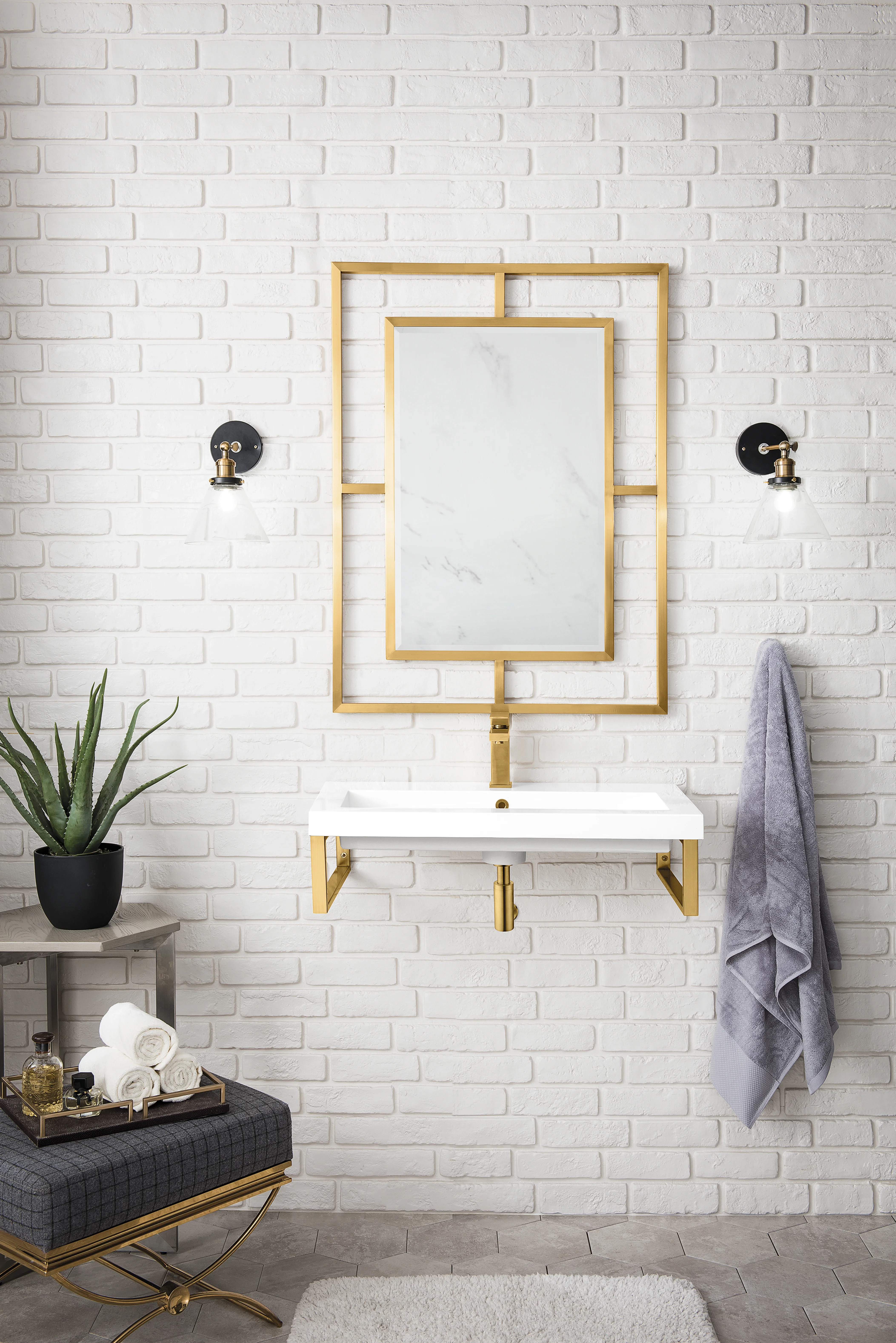 Two Boston 15.25" Wall Brackets, Radiant Gold w/ 31.5" White Glossy Composite Stone Top