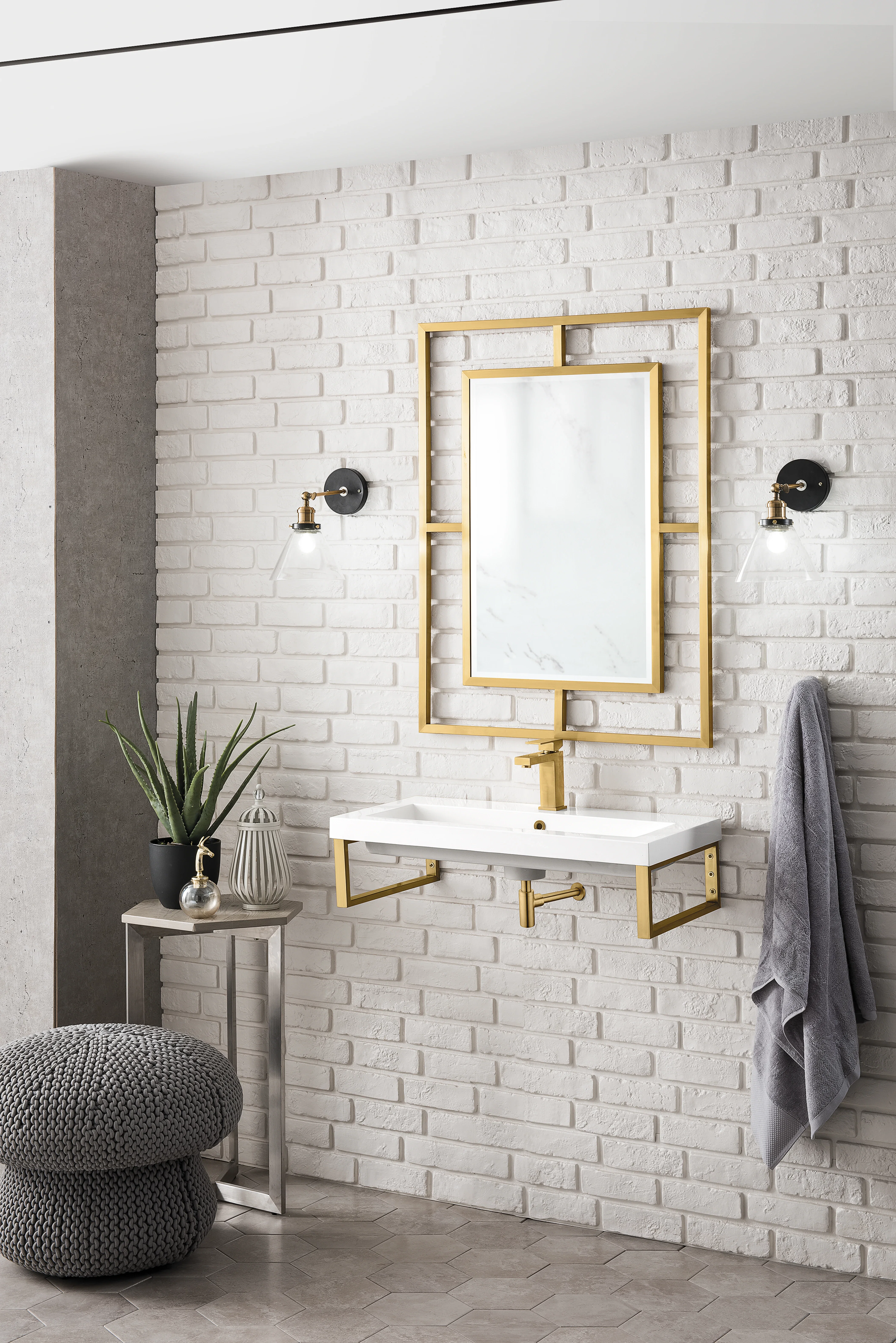 Two Boston 15.25" Wall Brackets, Radiant Gold w/ 31.5" White Glossy Composite Stone Top
