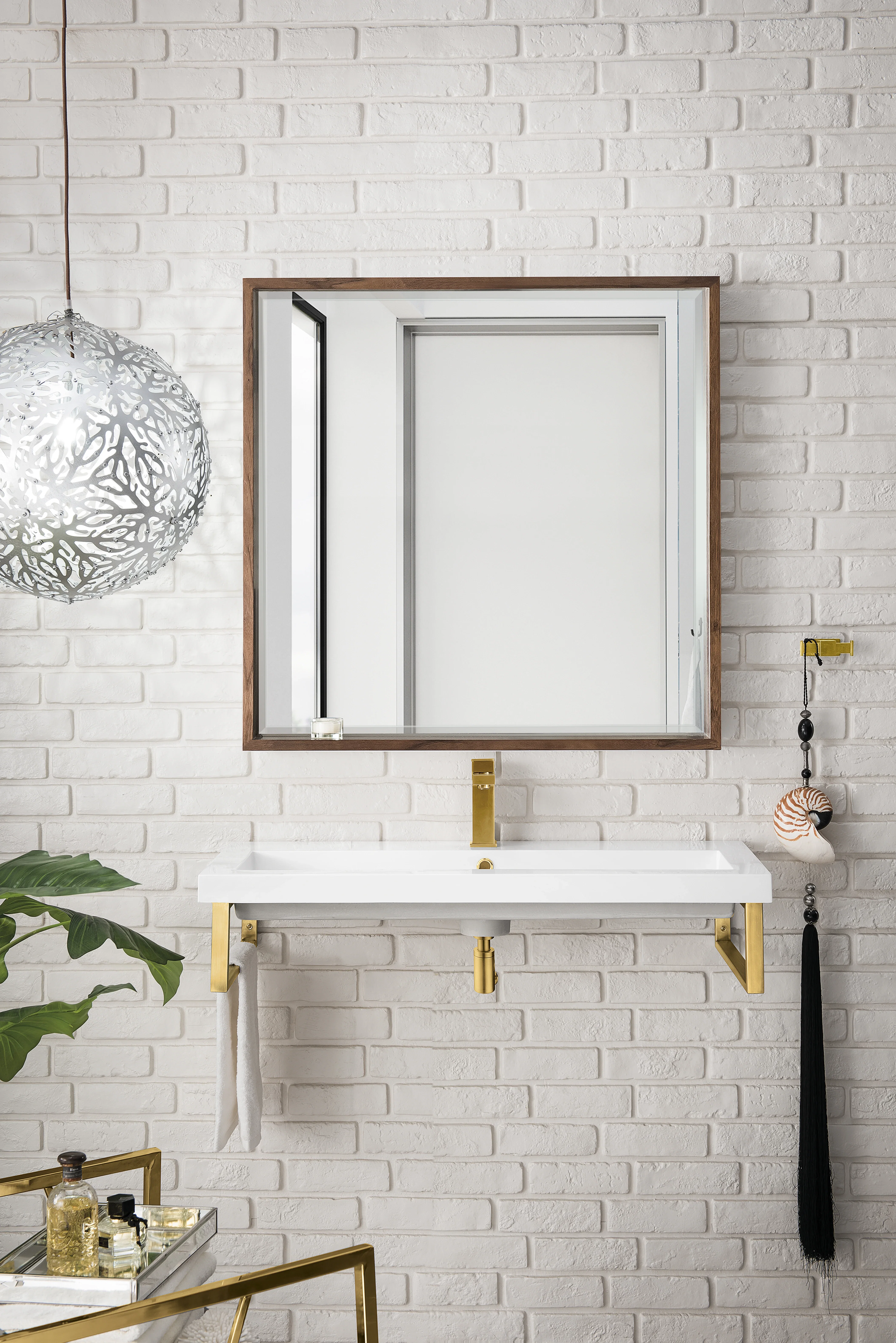 Two Boston 15.25" Wall Brackets, Radiant Gold w/ 39.5" White Glossy Composite Stone Top