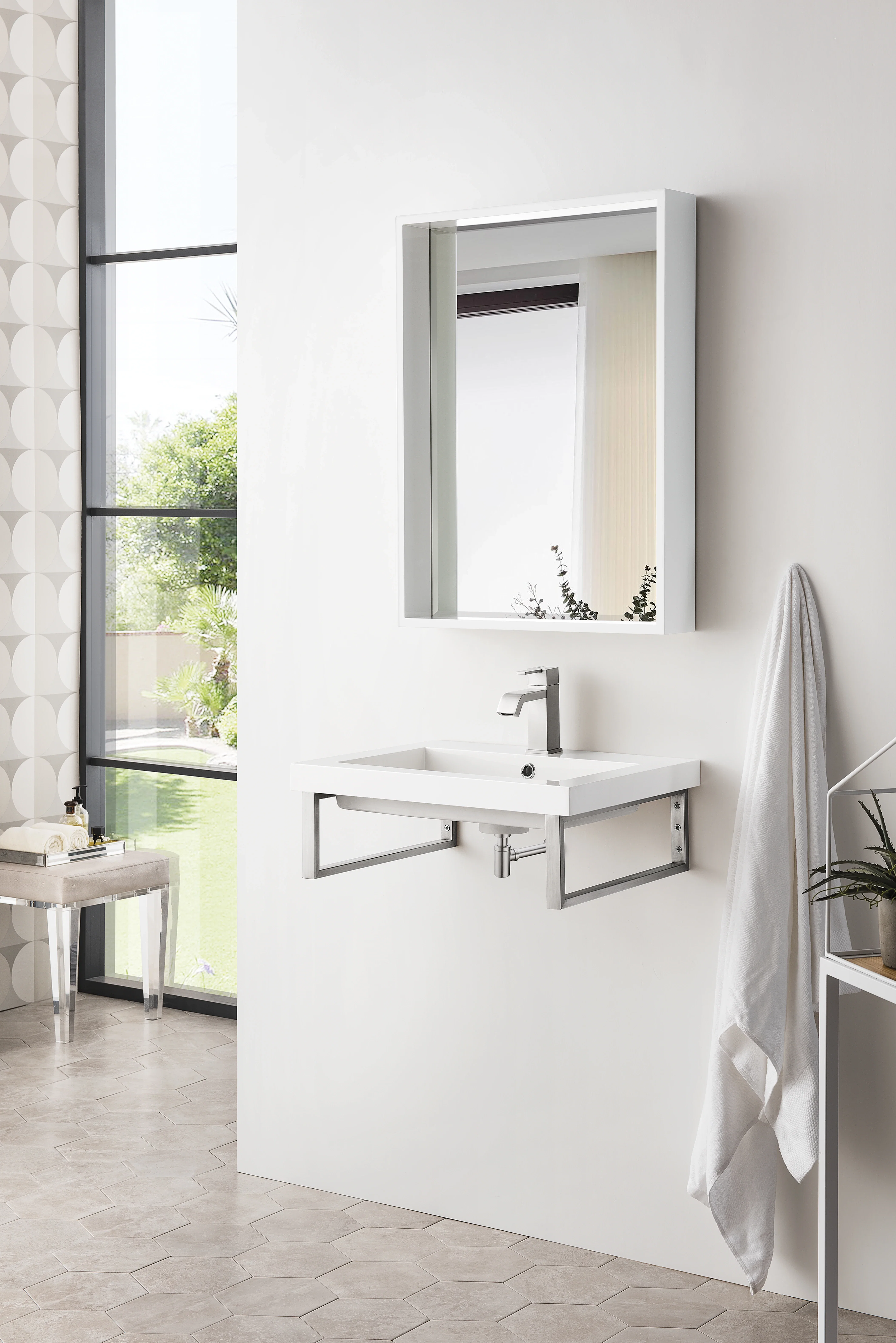 Two Boston 18" Wall Brackets, Brushed Nickel w/ 23.6" White Glossy Composite Stone Top