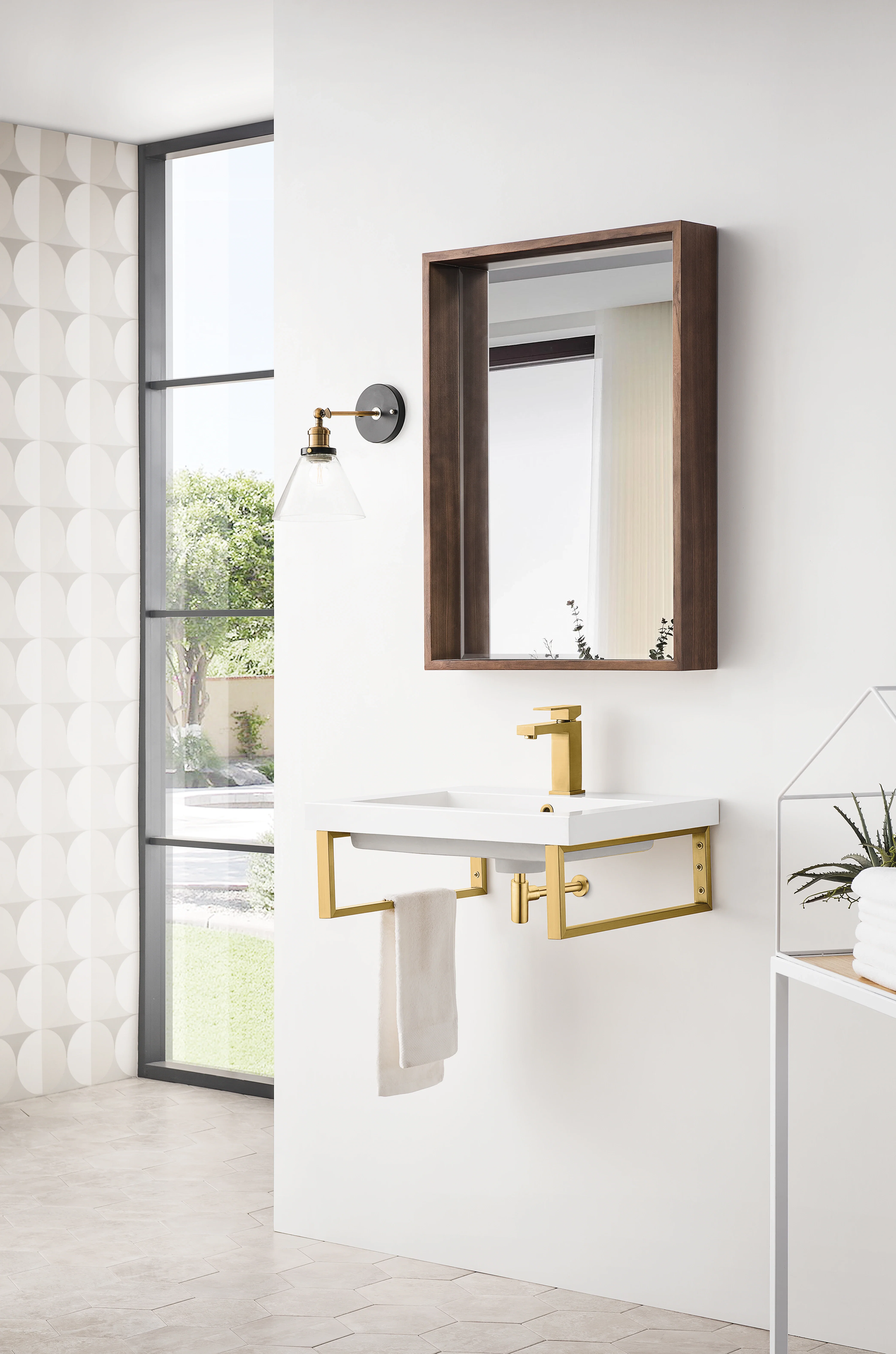 Two Boston 18" Wall Brackets, Radiant Gold w/ 23.6" White Glossy Composite Stone Top