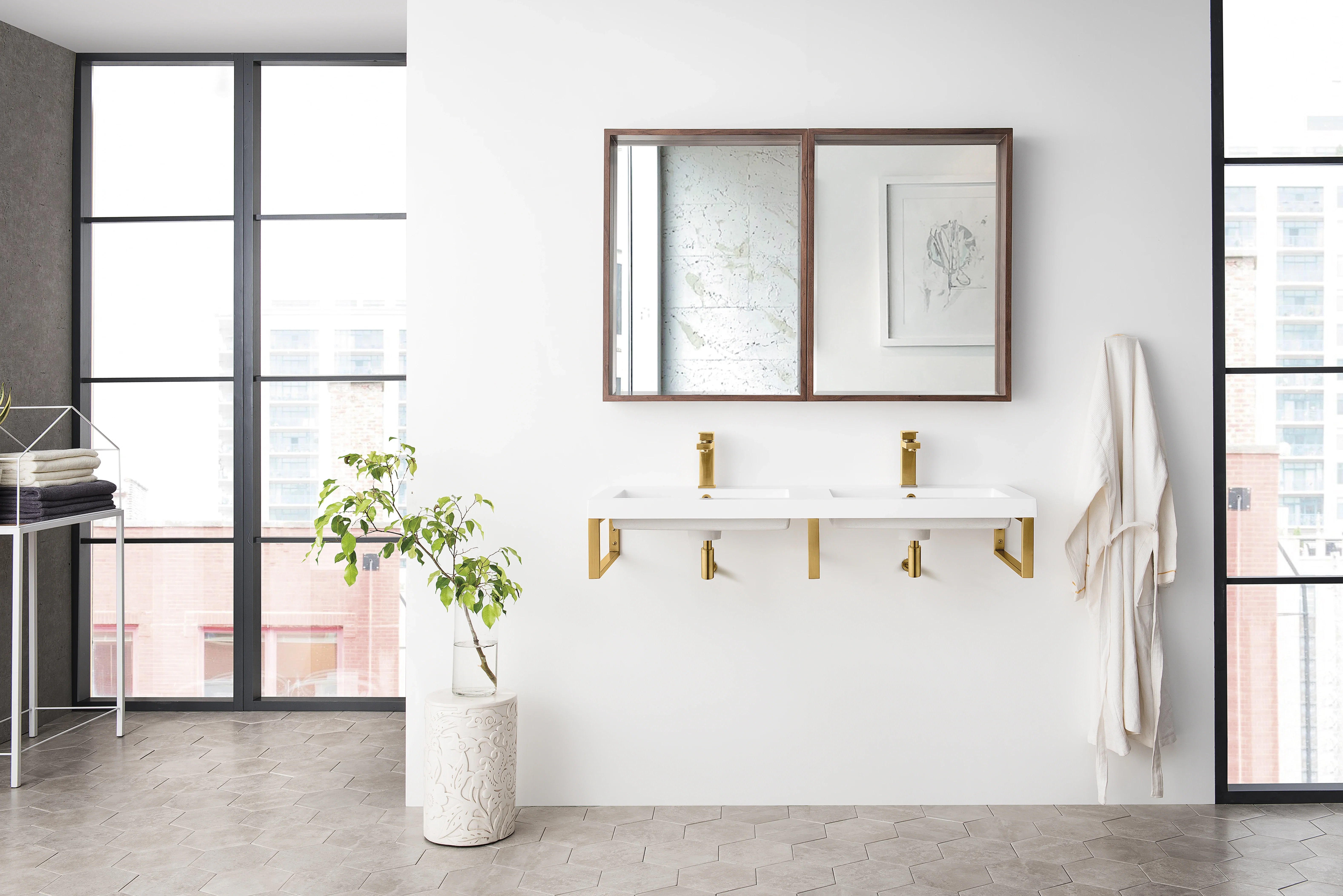 Three Boston 18" Wall Brackets, Radiant Gold w/ 47" White Glossy Composite Stone Top