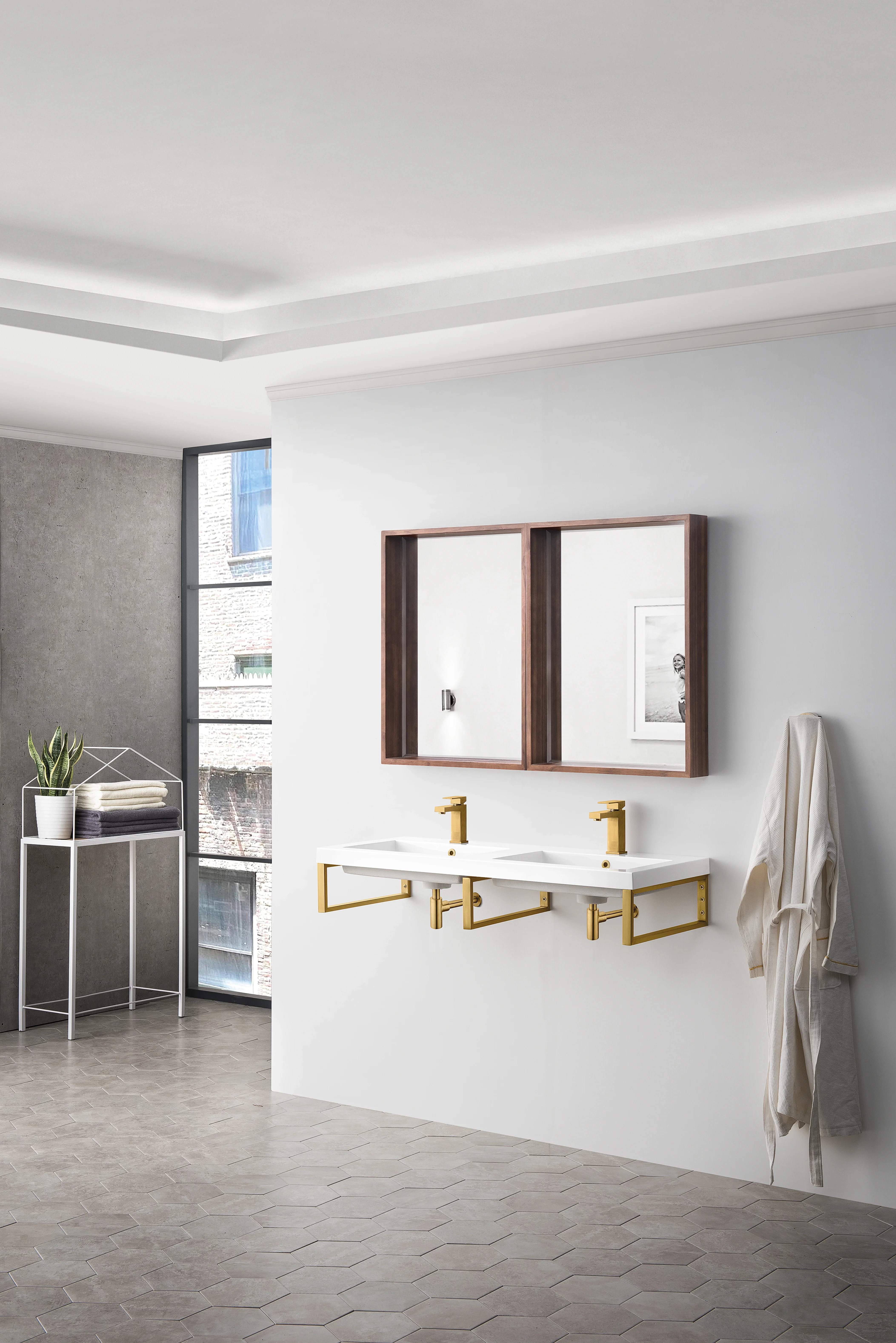 Three Boston 18" Wall Brackets, Radiant Gold w/ 47" White Glossy Composite Stone Top