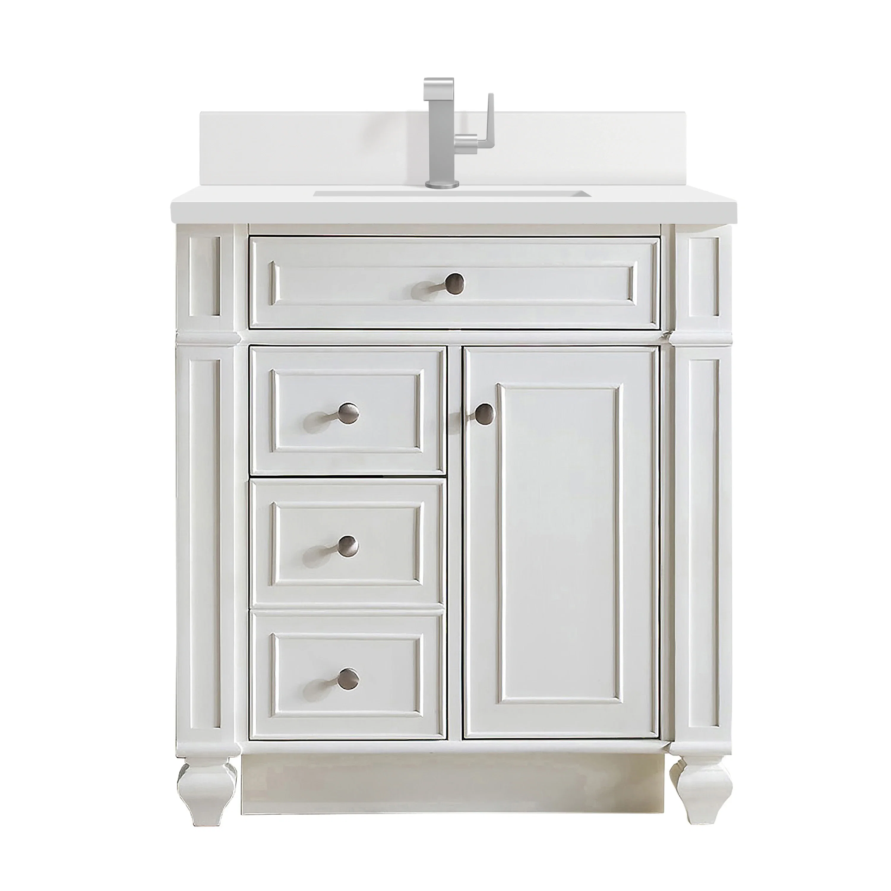 Bristol 30" Single Vanity, Bright White w/ Single Hole 3 CM White Zeus Silestone Top & Backsplash