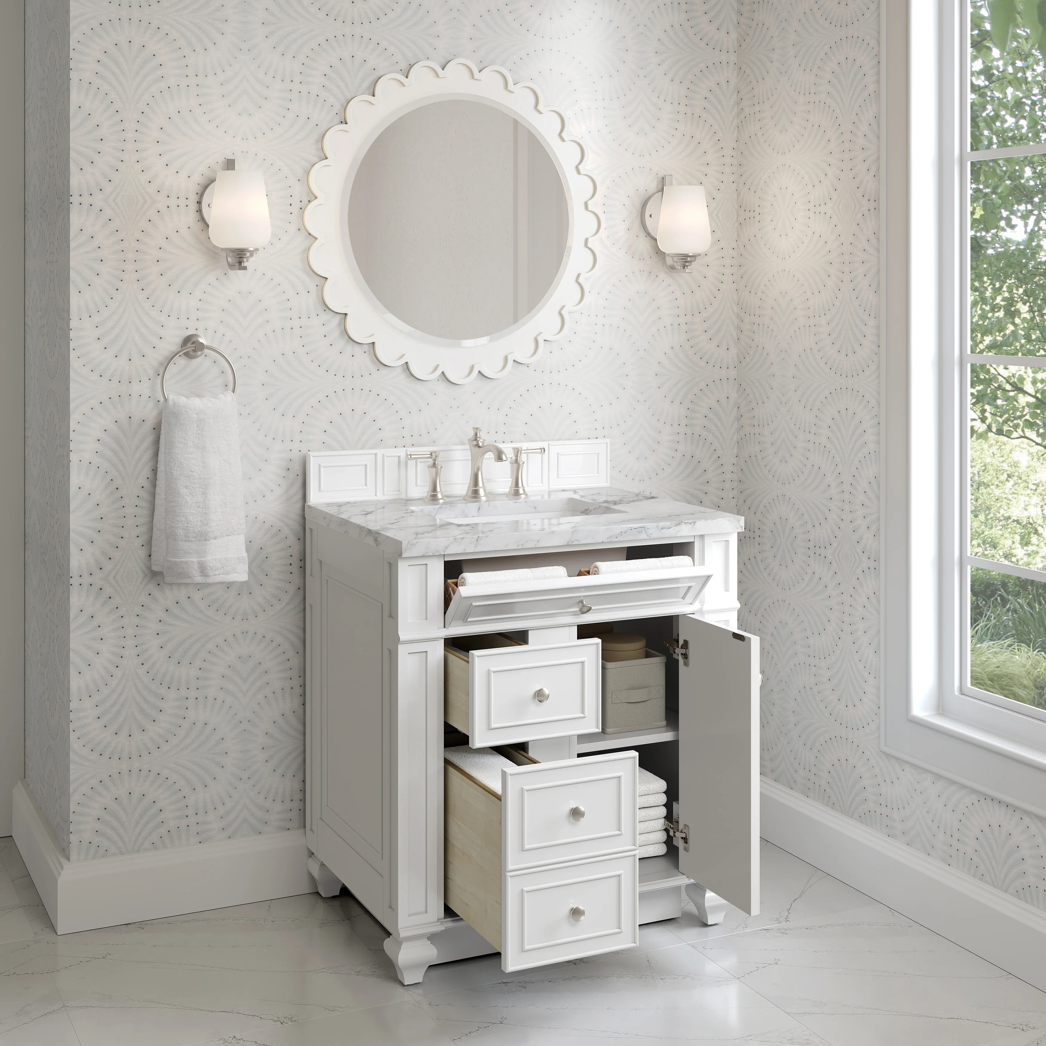 Bristol 30" Single Vanity, Bright White w/ 3 CM Carrara Marble Top