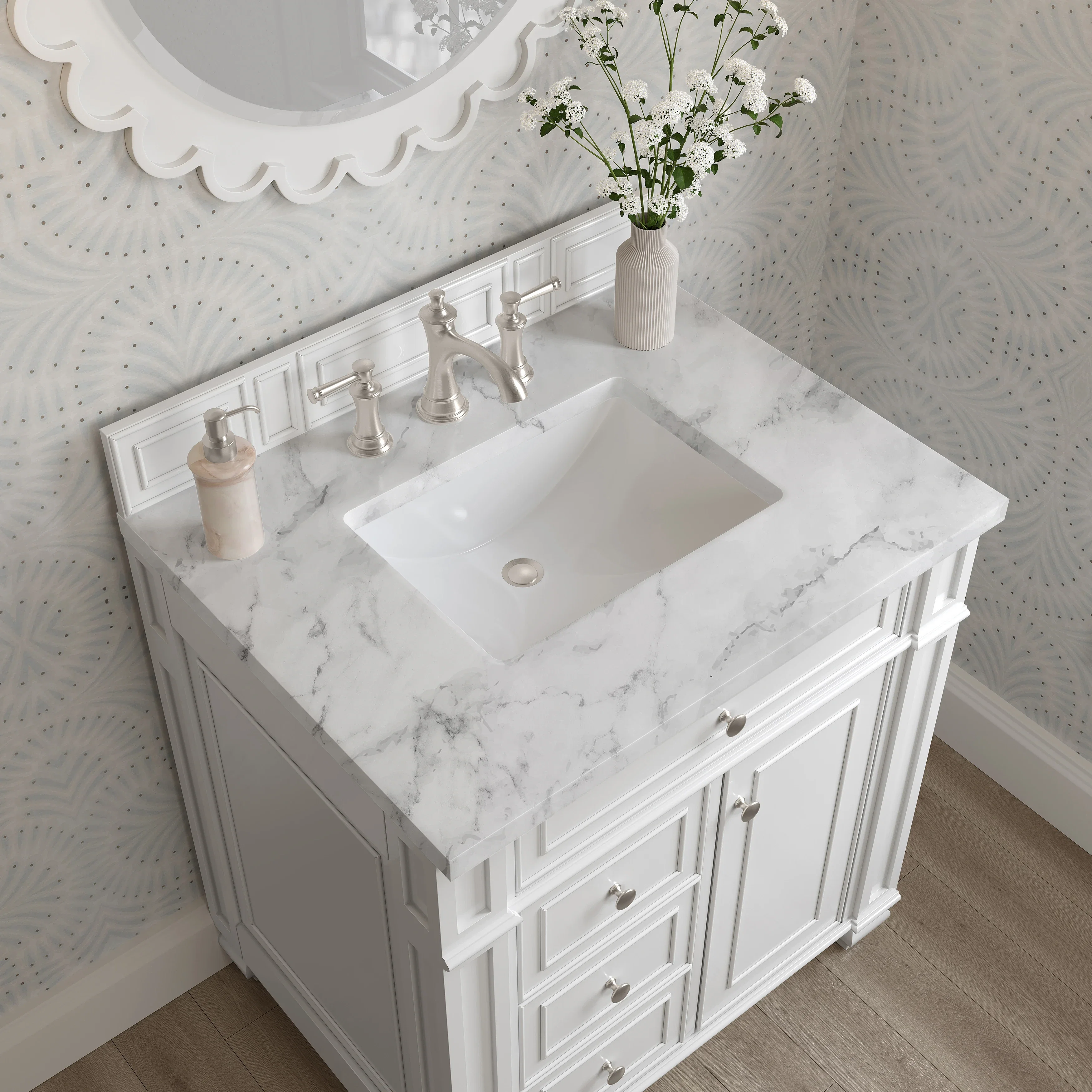 Bristol 30" Single Vanity, Bright White w/ 3 CM Carrara Marble Top