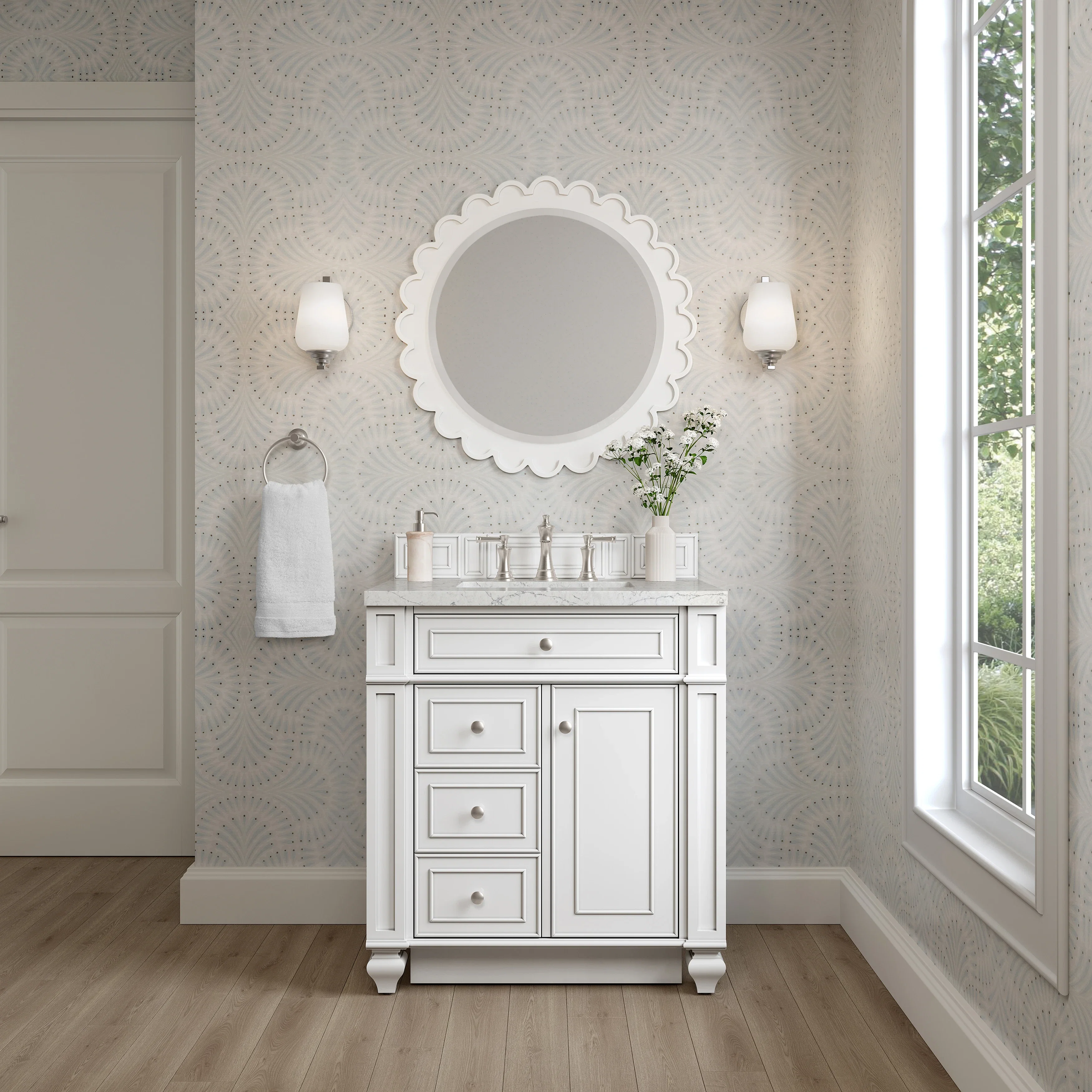 Bristol 30" Single Vanity, Bright White w/ 3 CM Eternal Jasmine Pearl Silestone Top