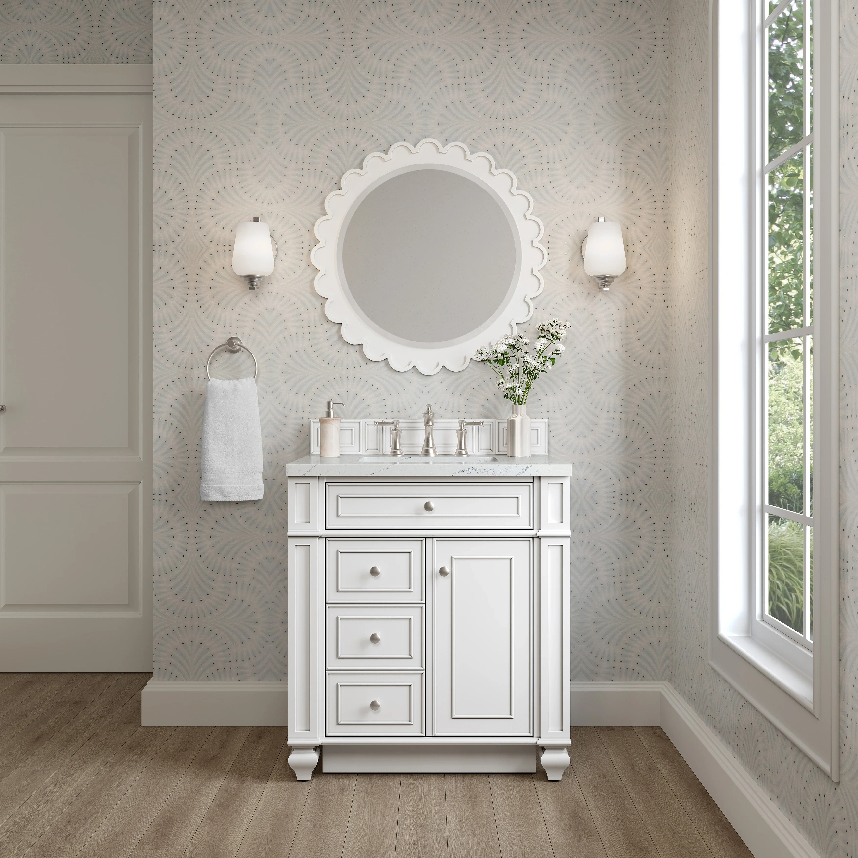 Bristol 30" Single Vanity, Bright White w/ 3 CM Ethereal Noctis Silestone Top