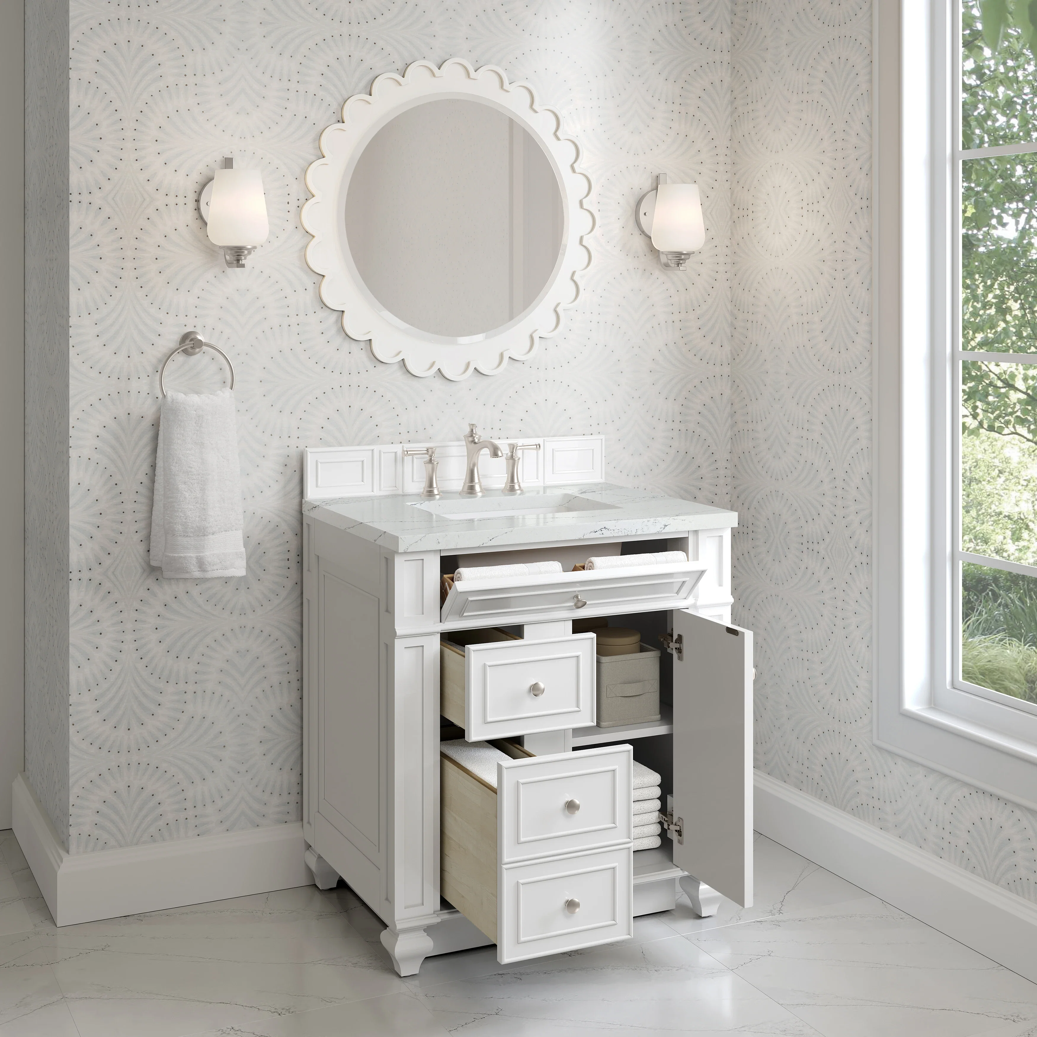 Bristol 30" Single Vanity, Bright White w/ 3 CM Ethereal Noctis Silestone Top