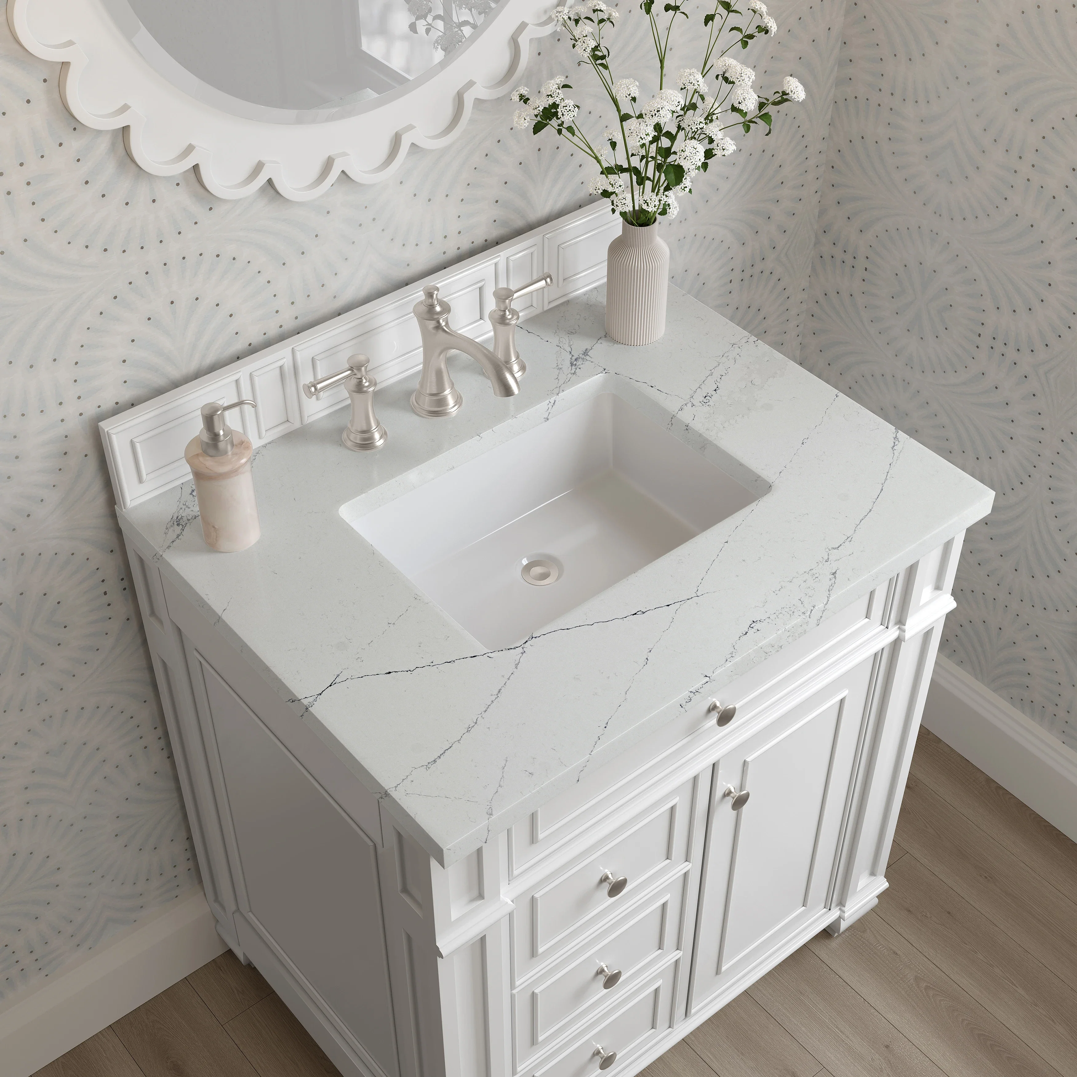 Bristol 30" Single Vanity, Bright White w/ 3 CM Ethereal Noctis Silestone Top