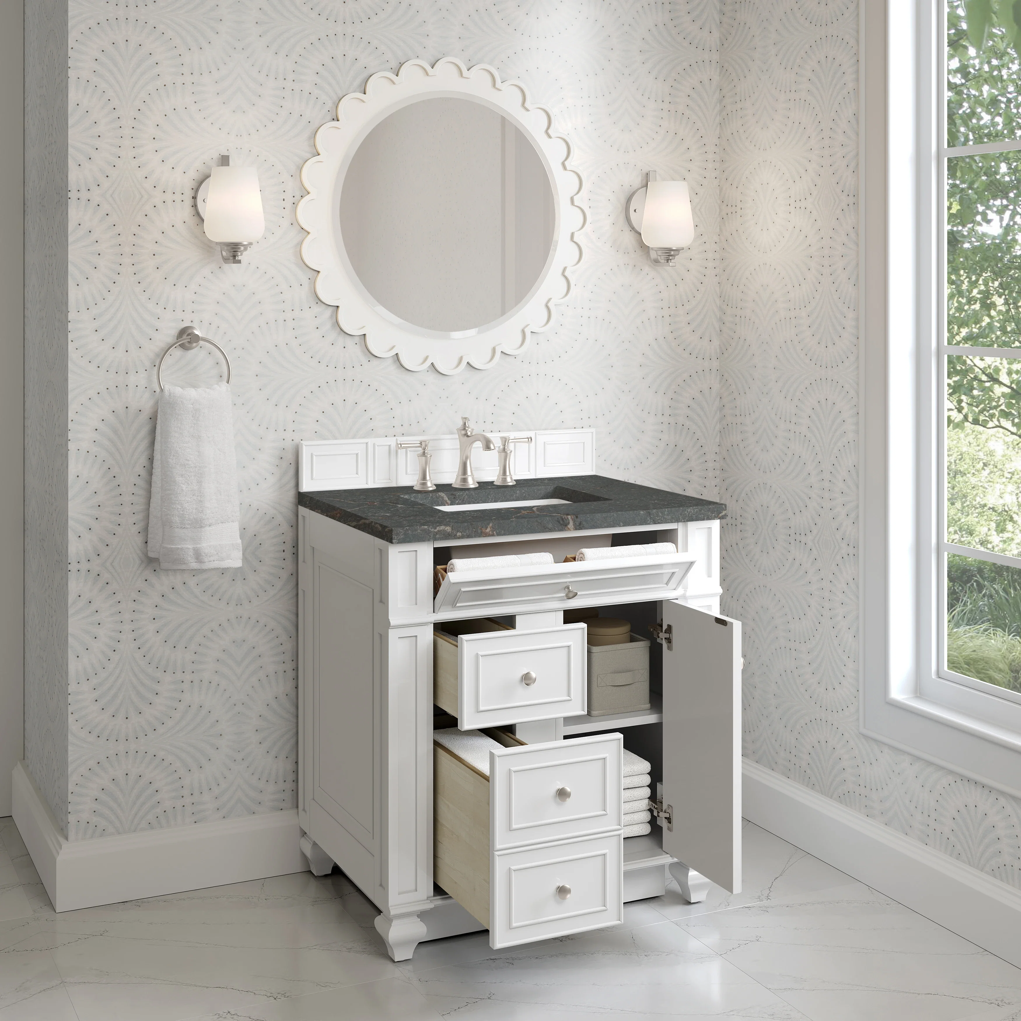 Bristol 30" Single Vanity, Bright White w/ 3 CM Parisien Bleu Silestone Top