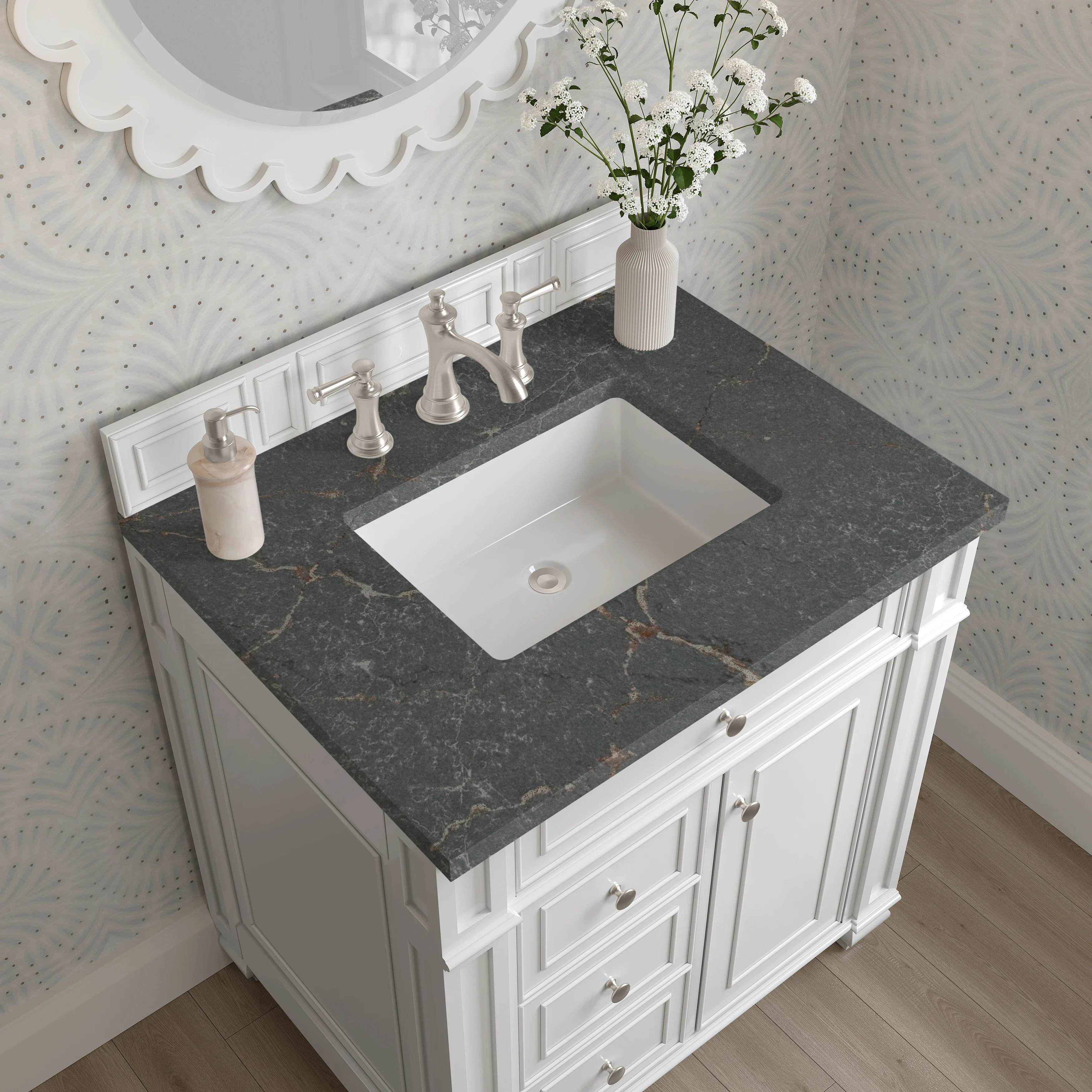 Bristol 30" Single Vanity, Bright White w/ 3 CM Parisien Bleu Silestone Top