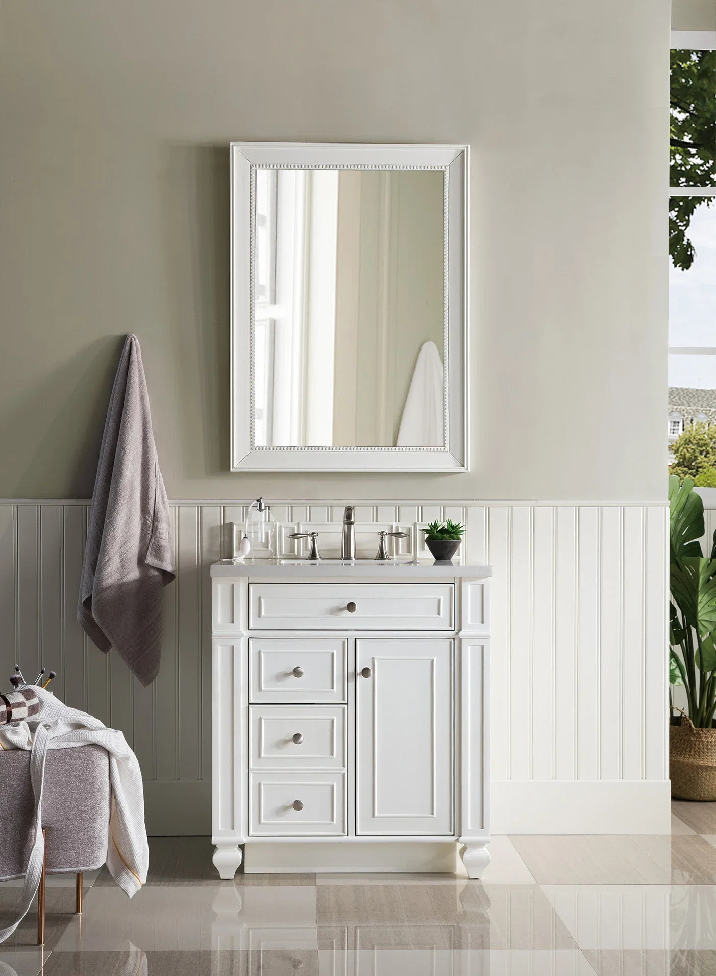 Bristol 30" Single Vanity, Bright White w/ 3 CM White Zeus Silestone Top