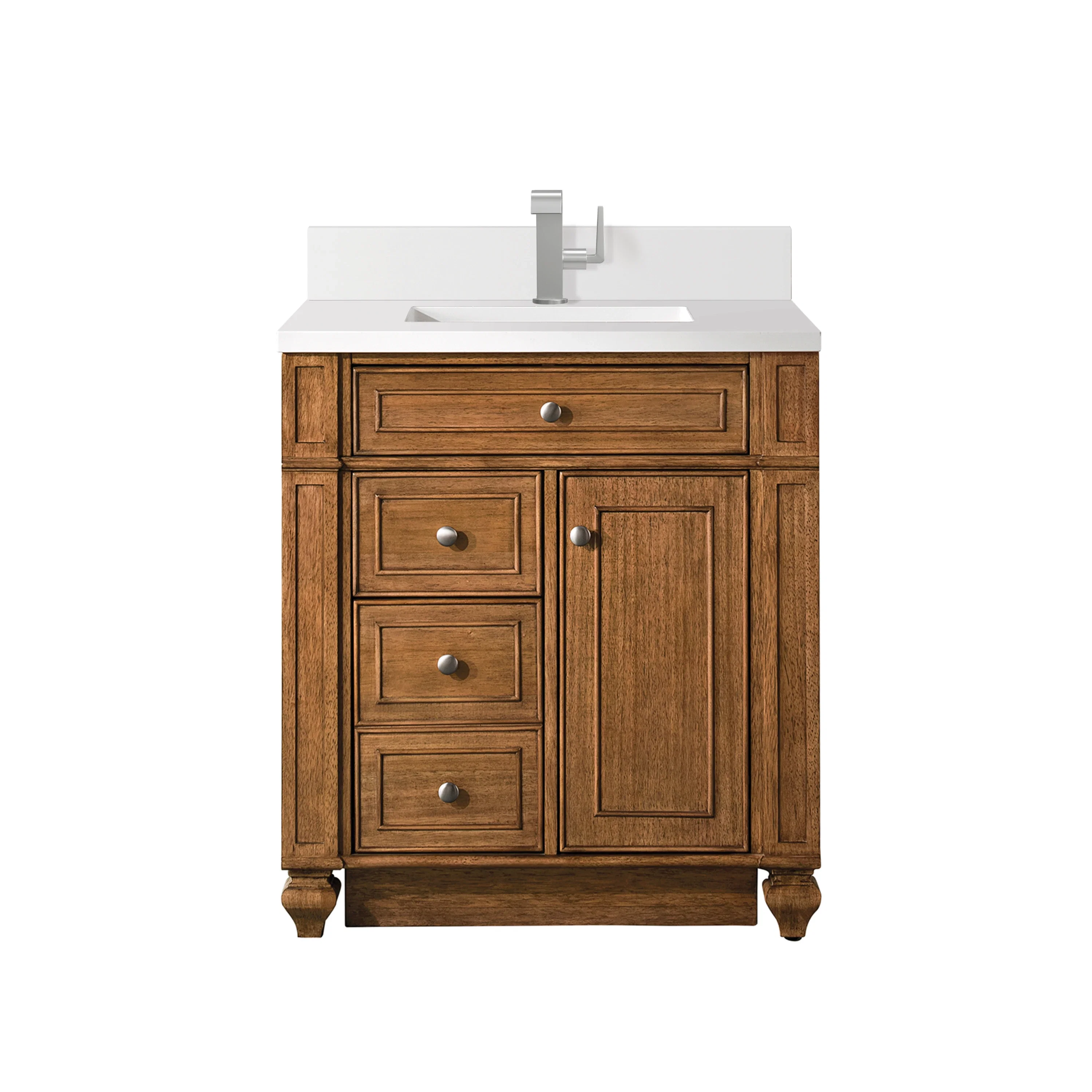 Bristol 30" Single Vanity, Saddle Brown w/ Single Hole 3 CM White Zeus Silestone Top & Backsplash
