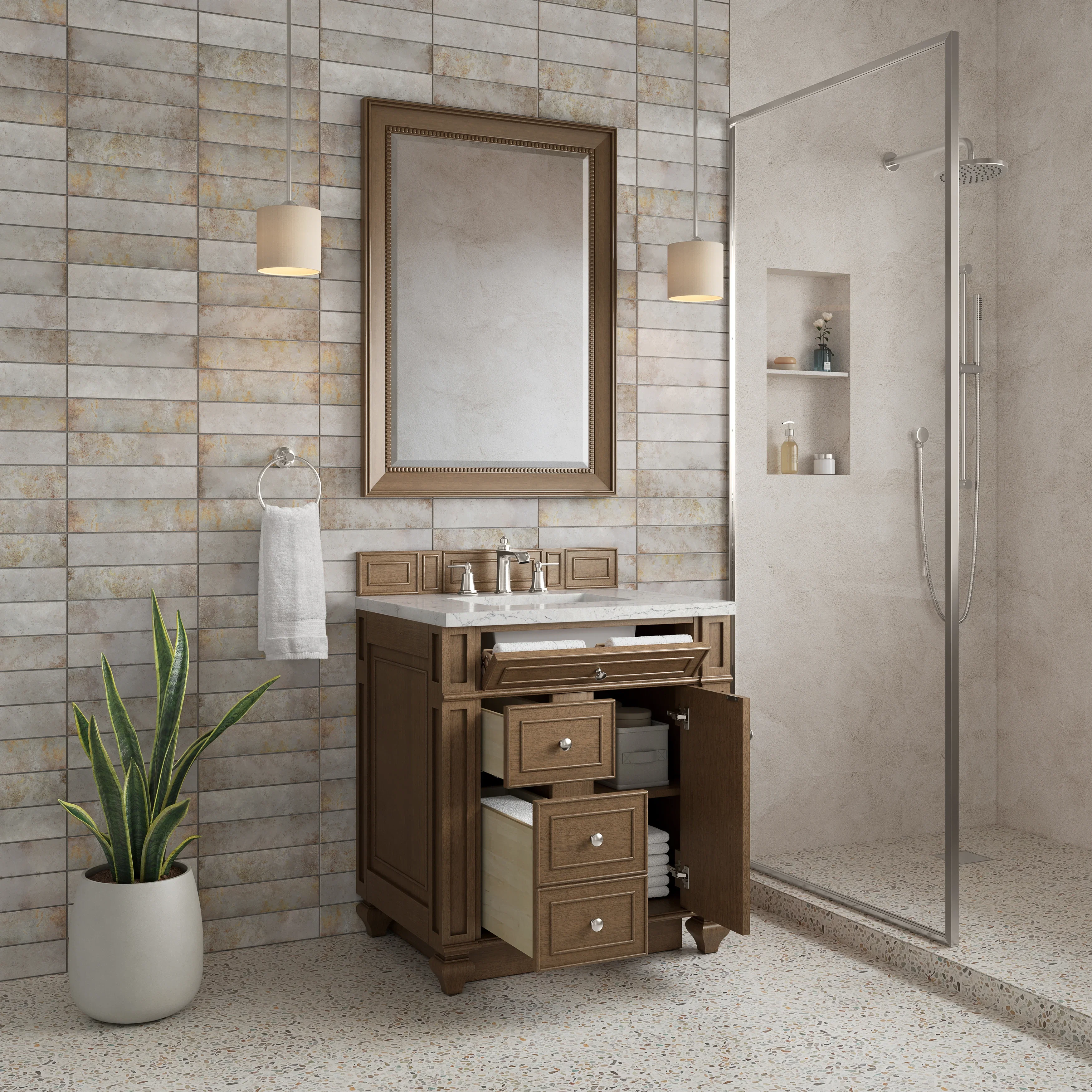 Bristol 30" Single Vanity, Saddle Brown w/ 3 CM Eternal Jasmine Pearl Silestone Top
