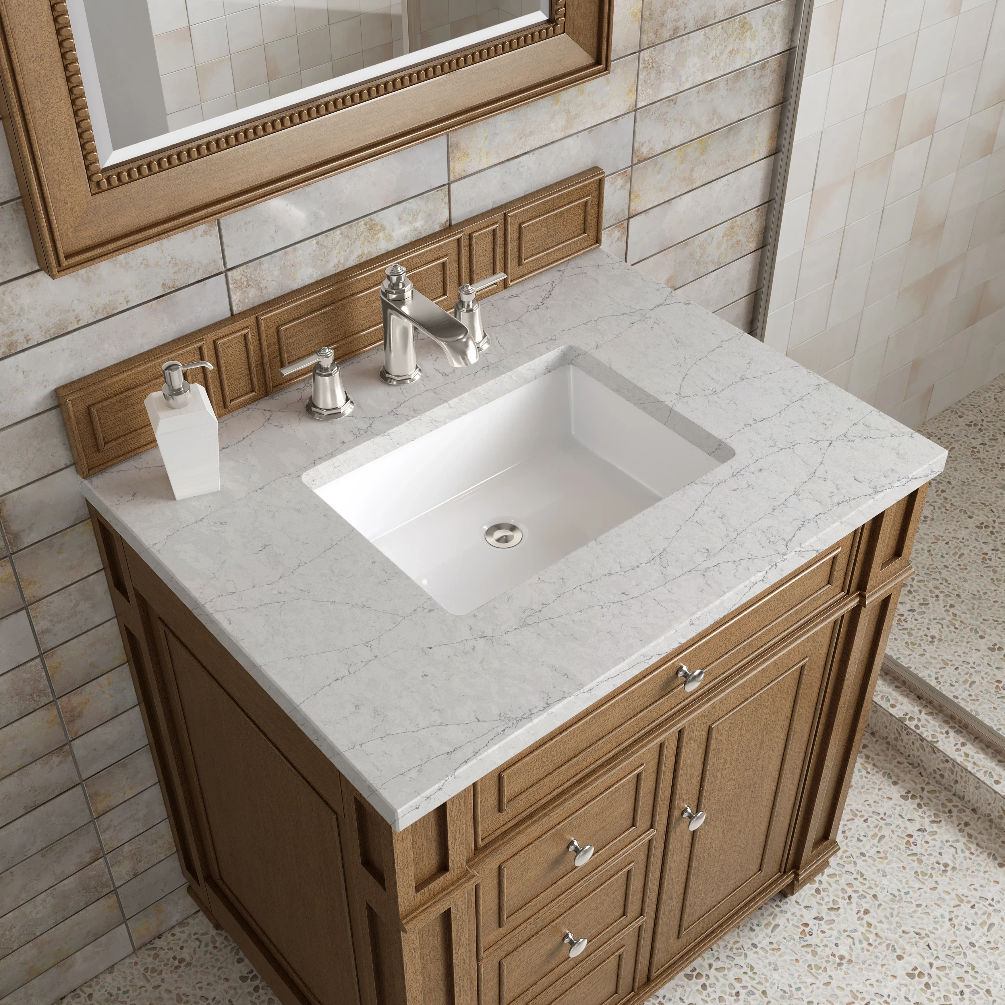 Bristol 30" Single Vanity, Saddle Brown w/ 3 CM Eternal Jasmine Pearl Silestone Top