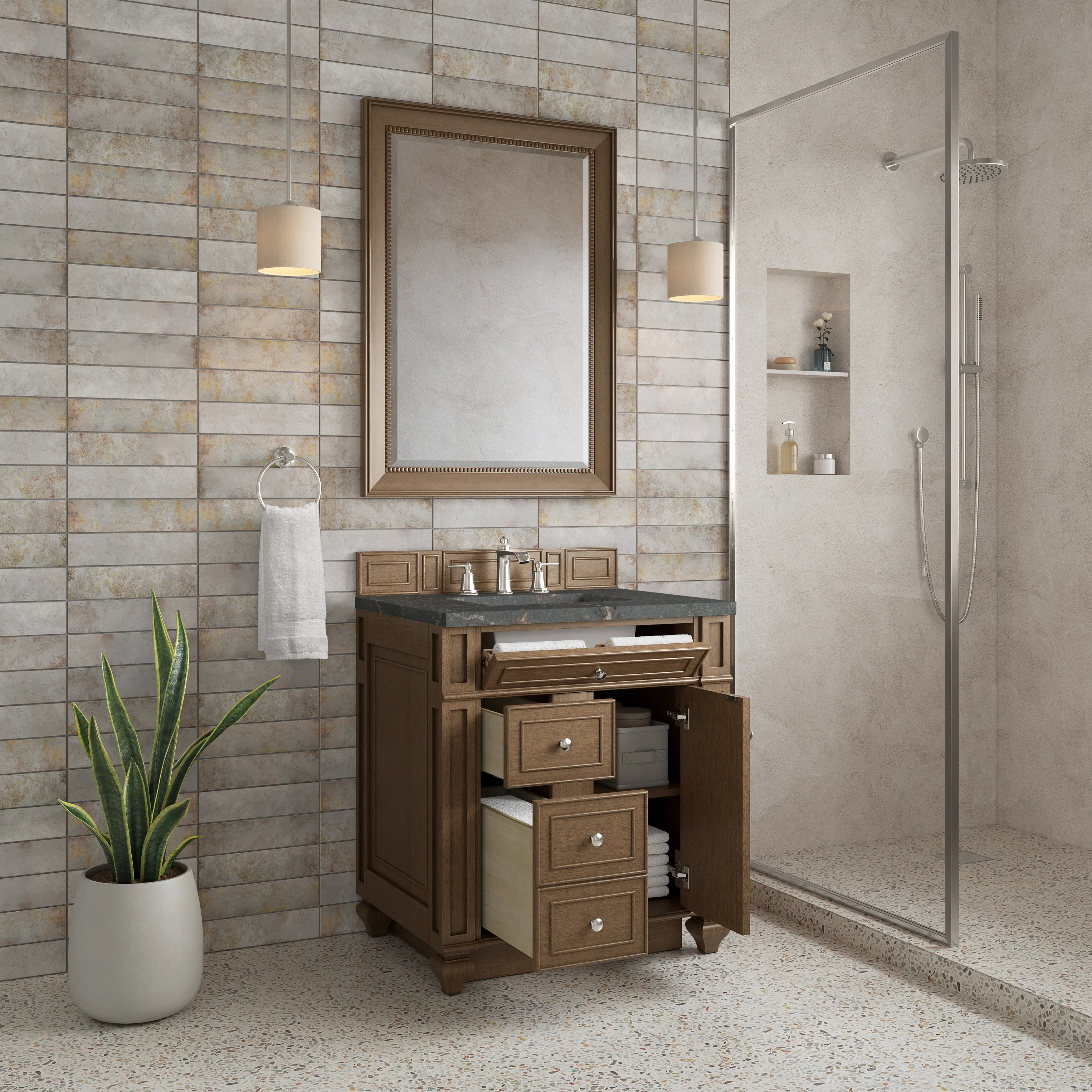 Bristol 30" Single Vanity, Saddle Brown w/ 3 CM Parisien Bleu Silestone Top