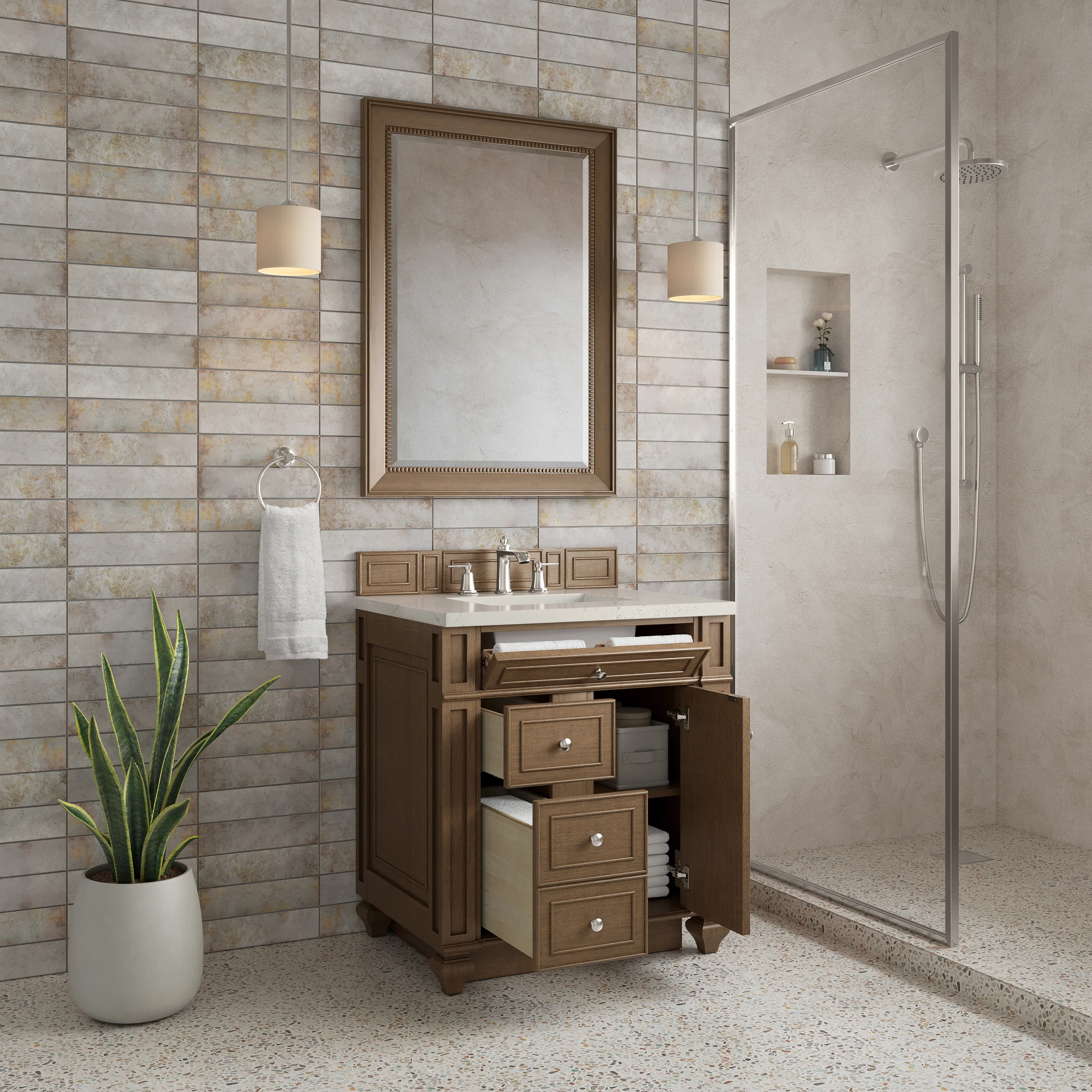 Bristol 30" Single Vanity, Saddle Brown, w/ 3 CM Siberian Silestone Top