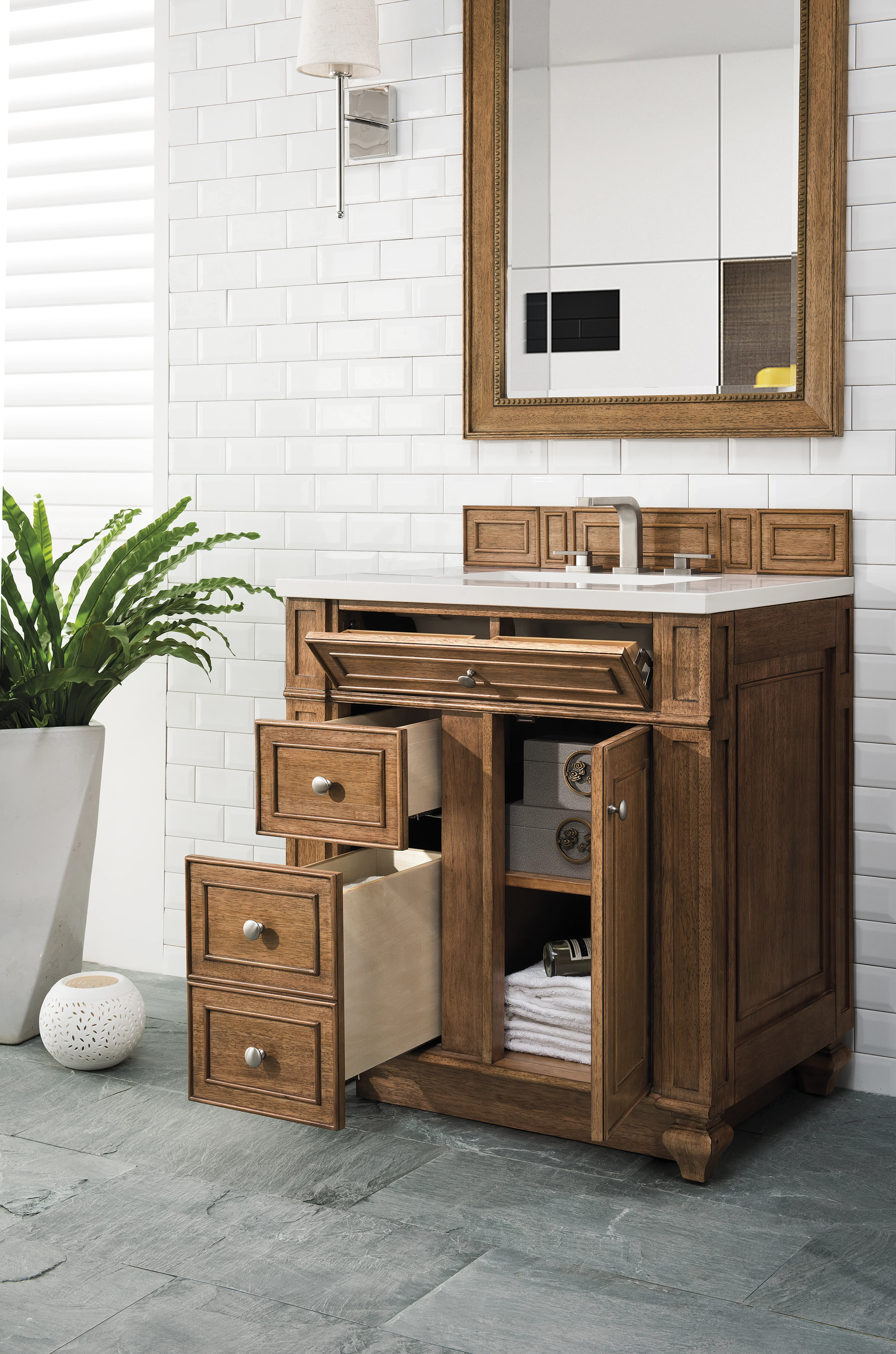 Bristol 30" Single Vanity, Saddle Brown w/ 3 CM White Zeus Silestone Top