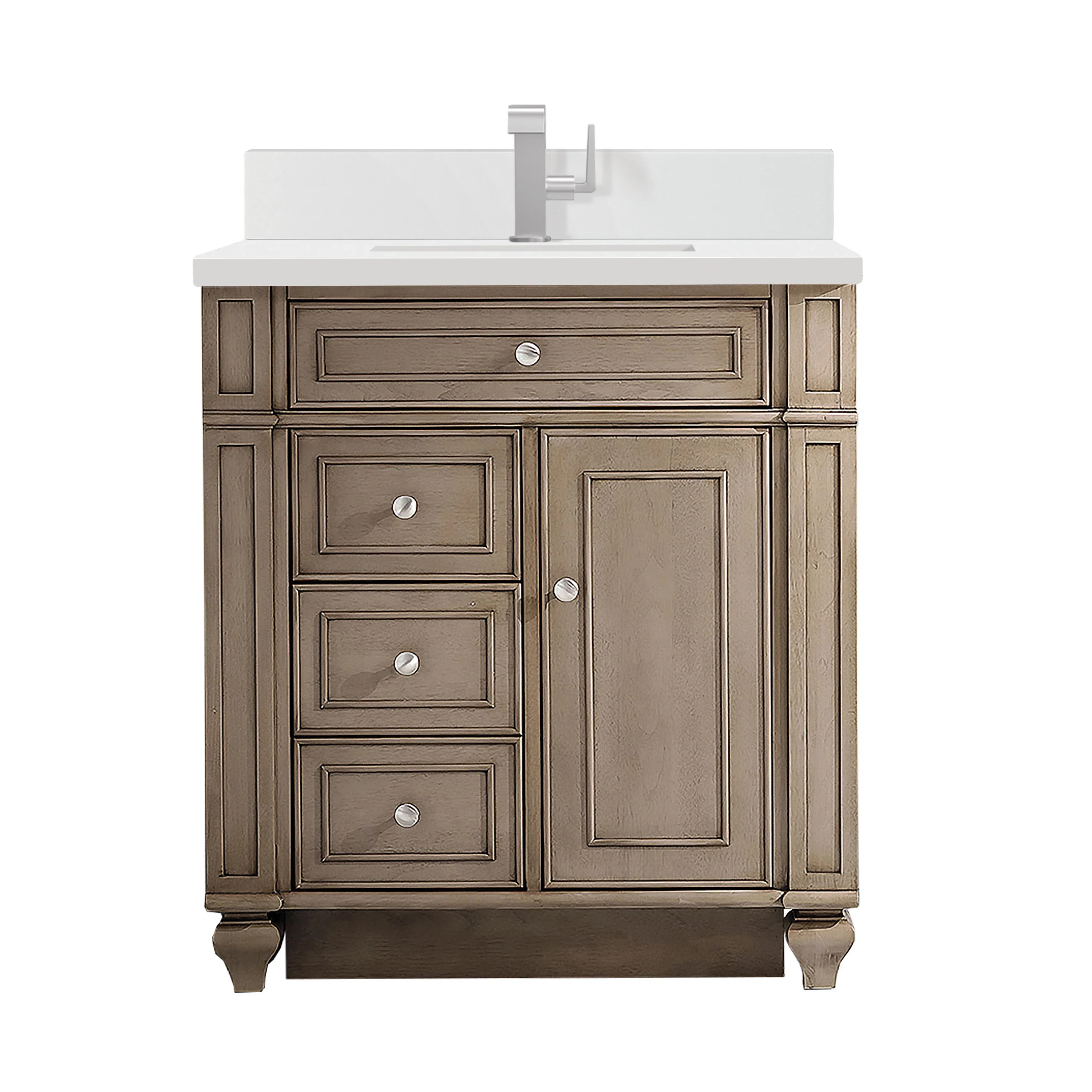 Bristol 30" Single Vanity, Whitewashed Walnut w/ Single Hole 3 CM White Zeus Silestone Top & Backsplash