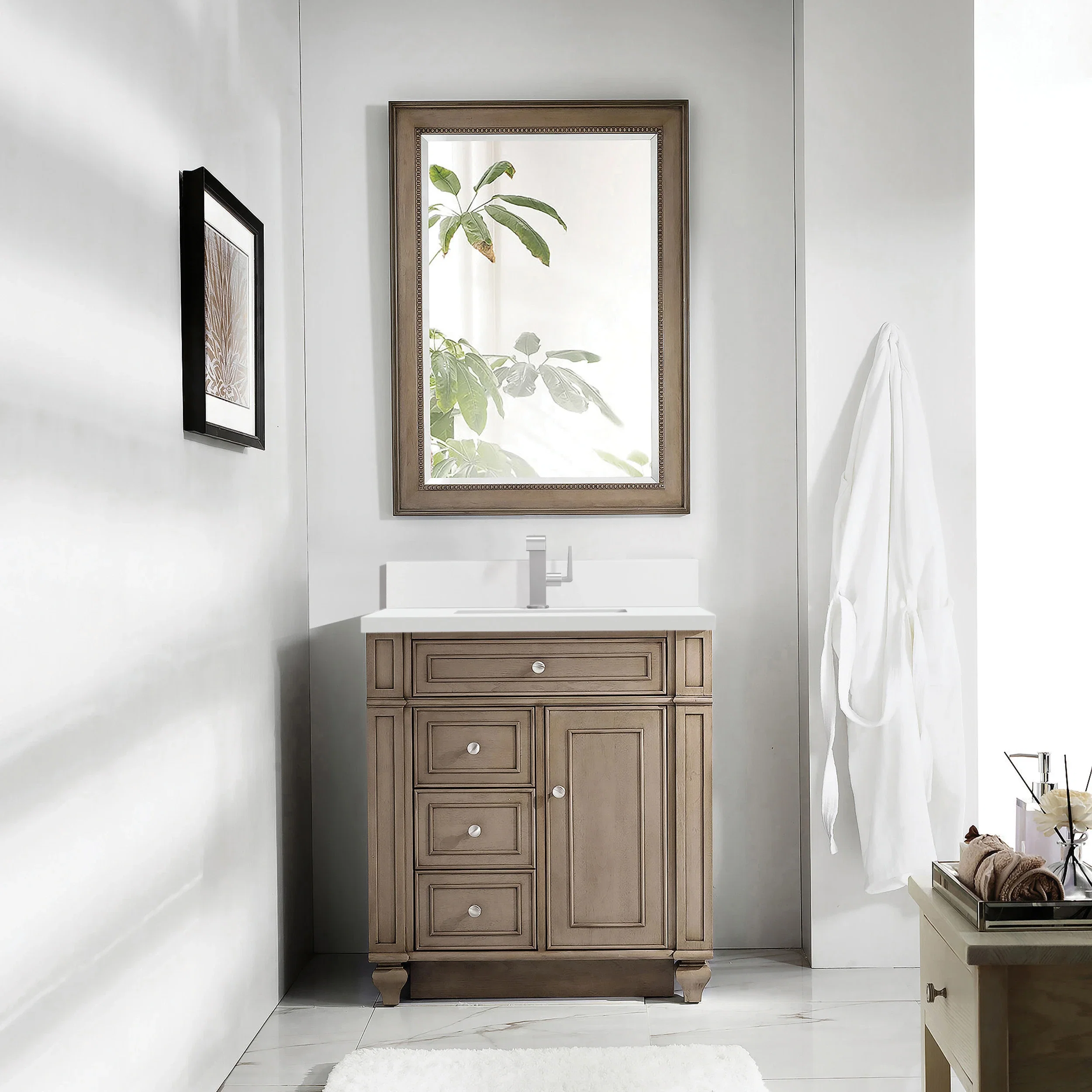 Bristol 30" Single Vanity, Whitewashed Walnut w/ Single Hole 3 CM White Zeus Silestone Top & Backsplash