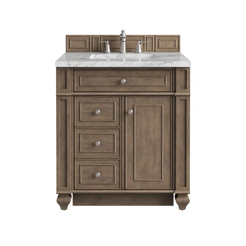 Bristol 30" Single Vanity, Whitewashed Walnut w/ 3 CM Carrara Marble Top