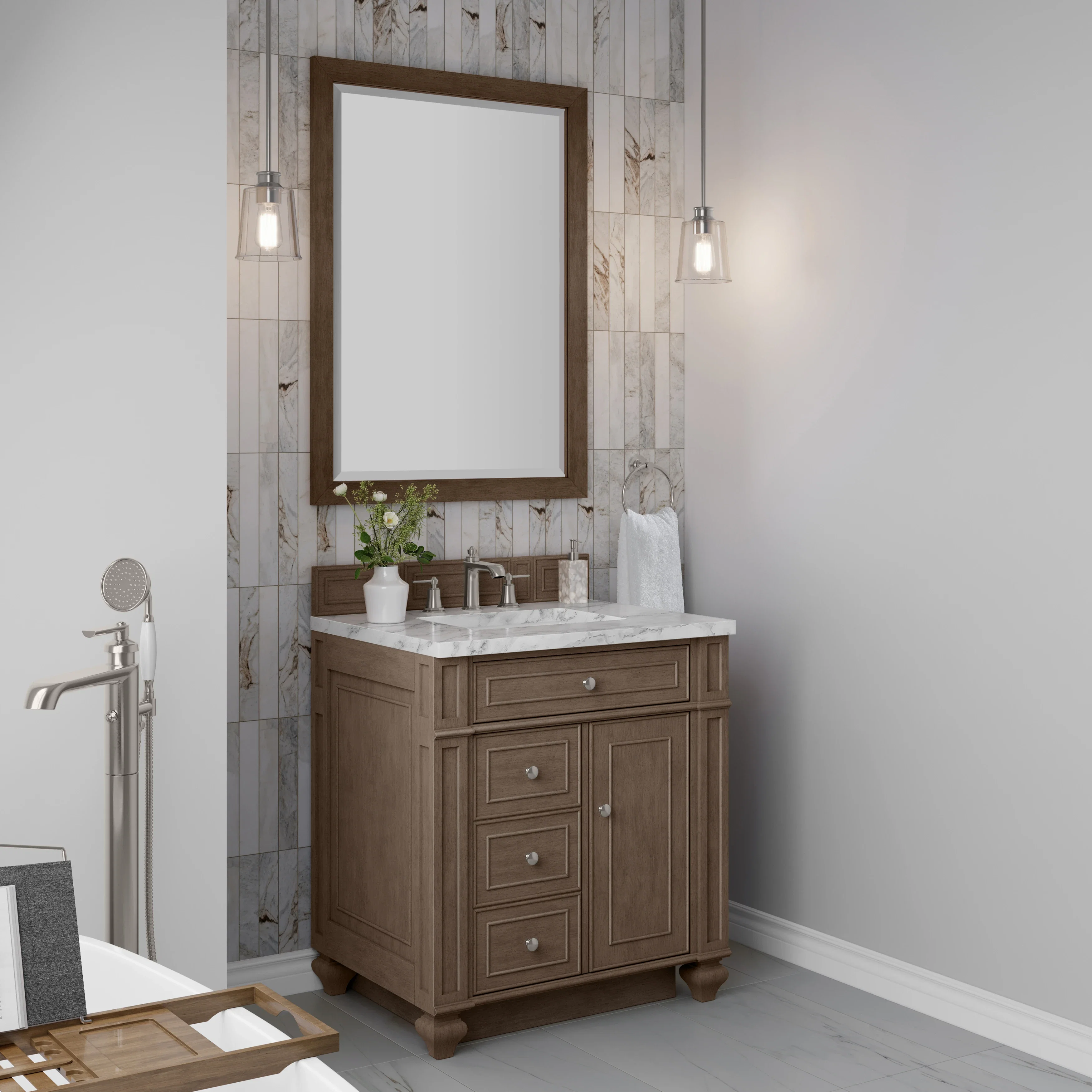 Bristol 30" Single Vanity, Whitewashed Walnut w/ 3 CM Carrara Marble Top