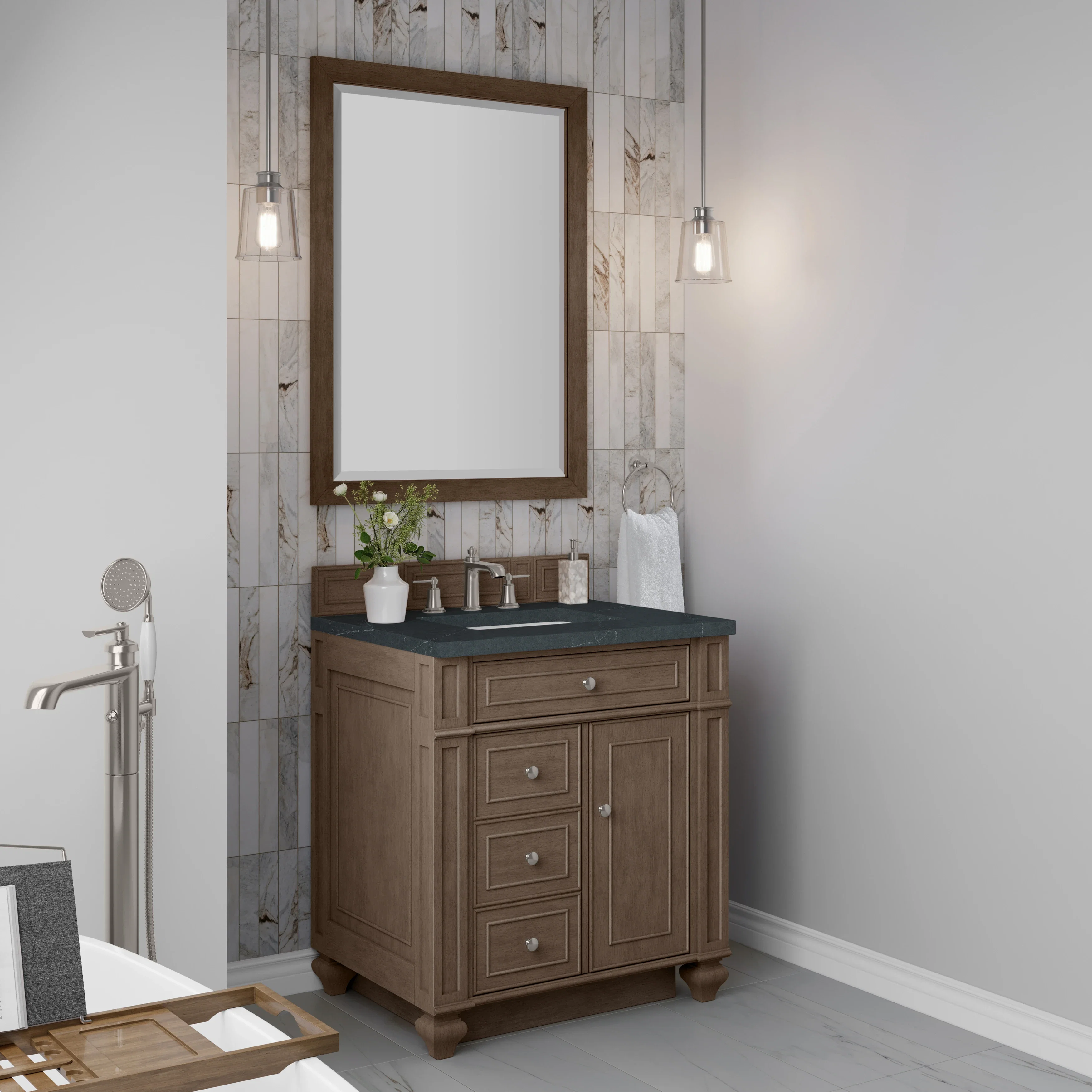 Bristol 30" Single Vanity, Whitewashed Walnut w/ 3 CM Charcoal Soapstone Silestone Top