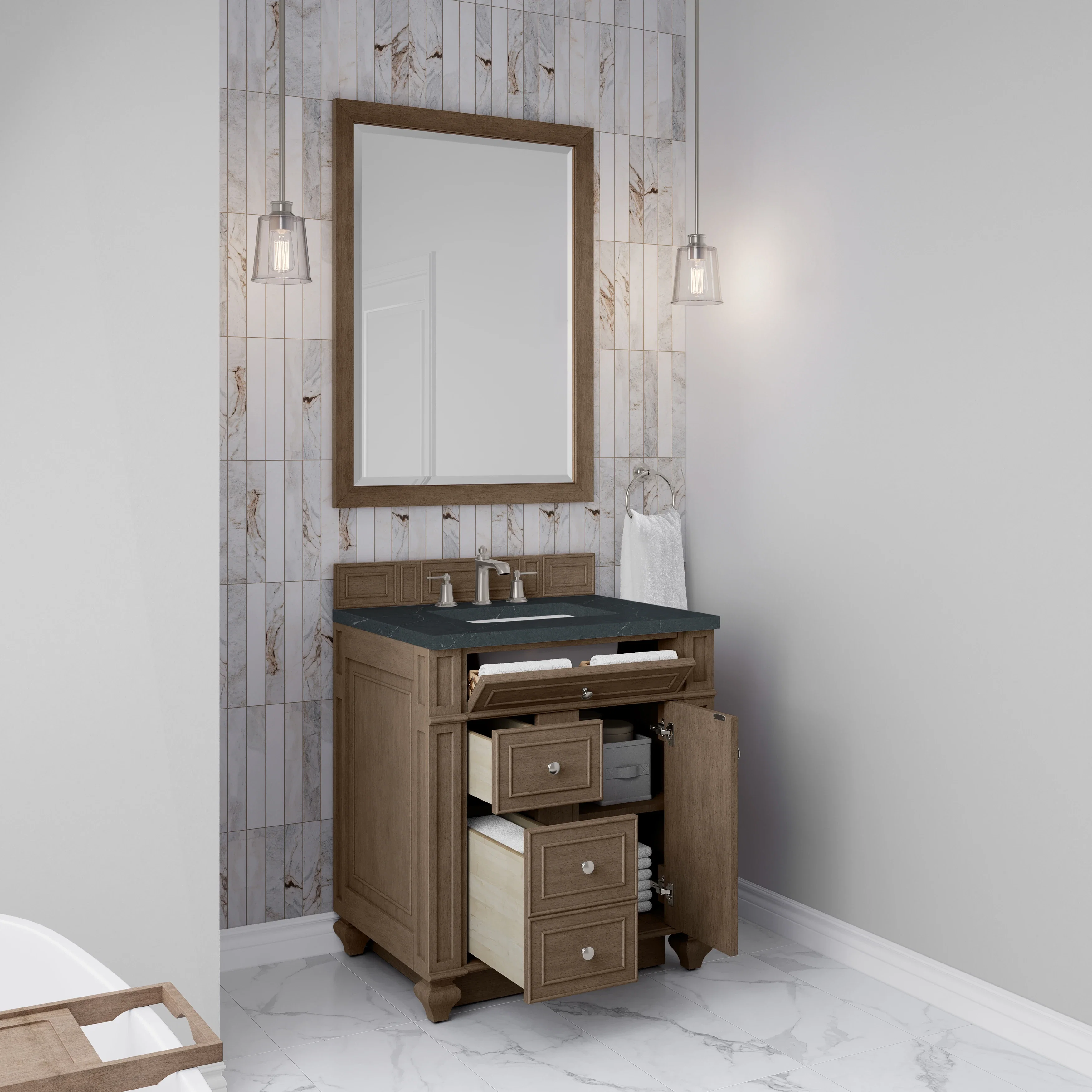 Bristol 30" Single Vanity, Whitewashed Walnut w/ 3 CM Charcoal Soapstone Silestone Top
