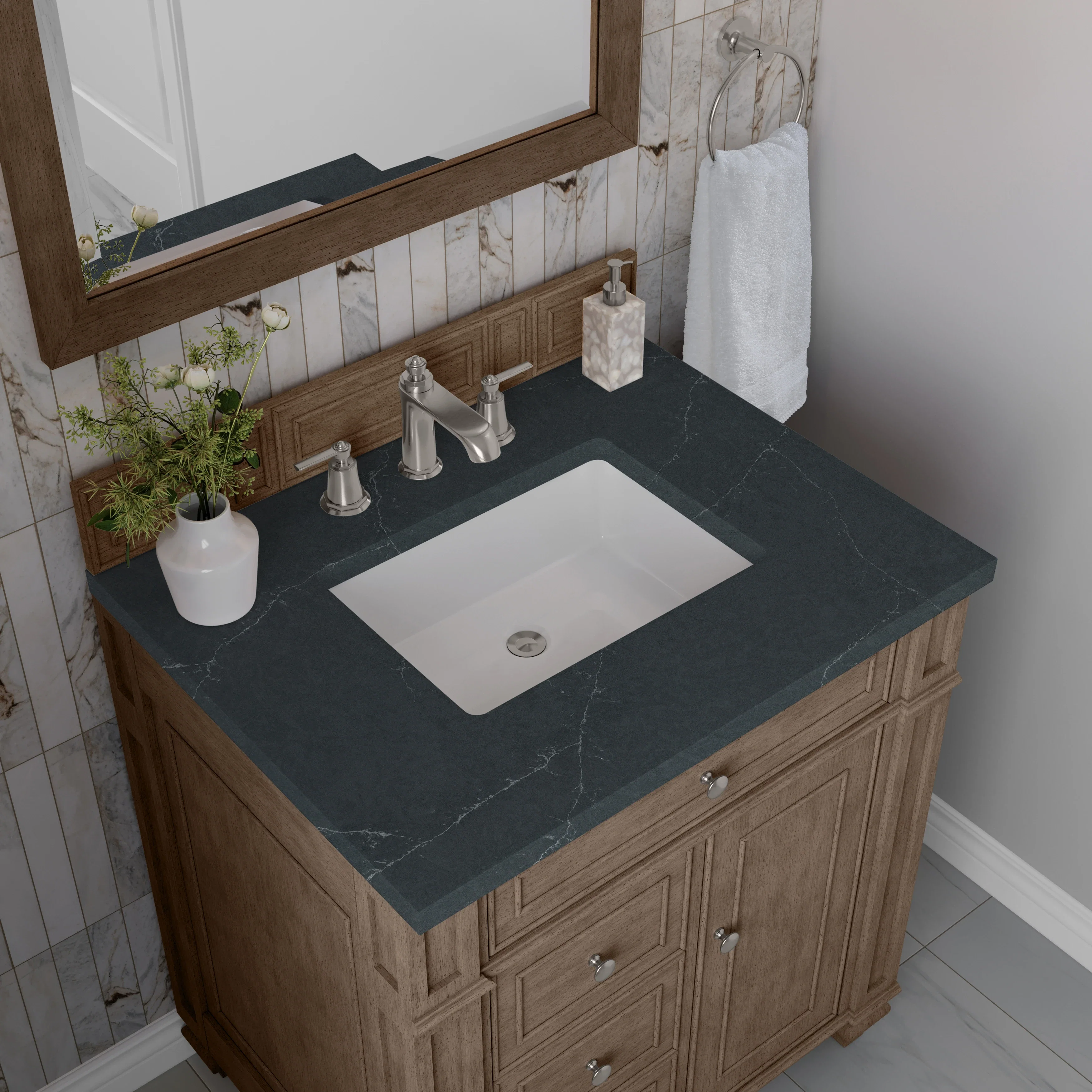 Bristol 30" Single Vanity, Whitewashed Walnut w/ 3 CM Charcoal Soapstone Silestone Top