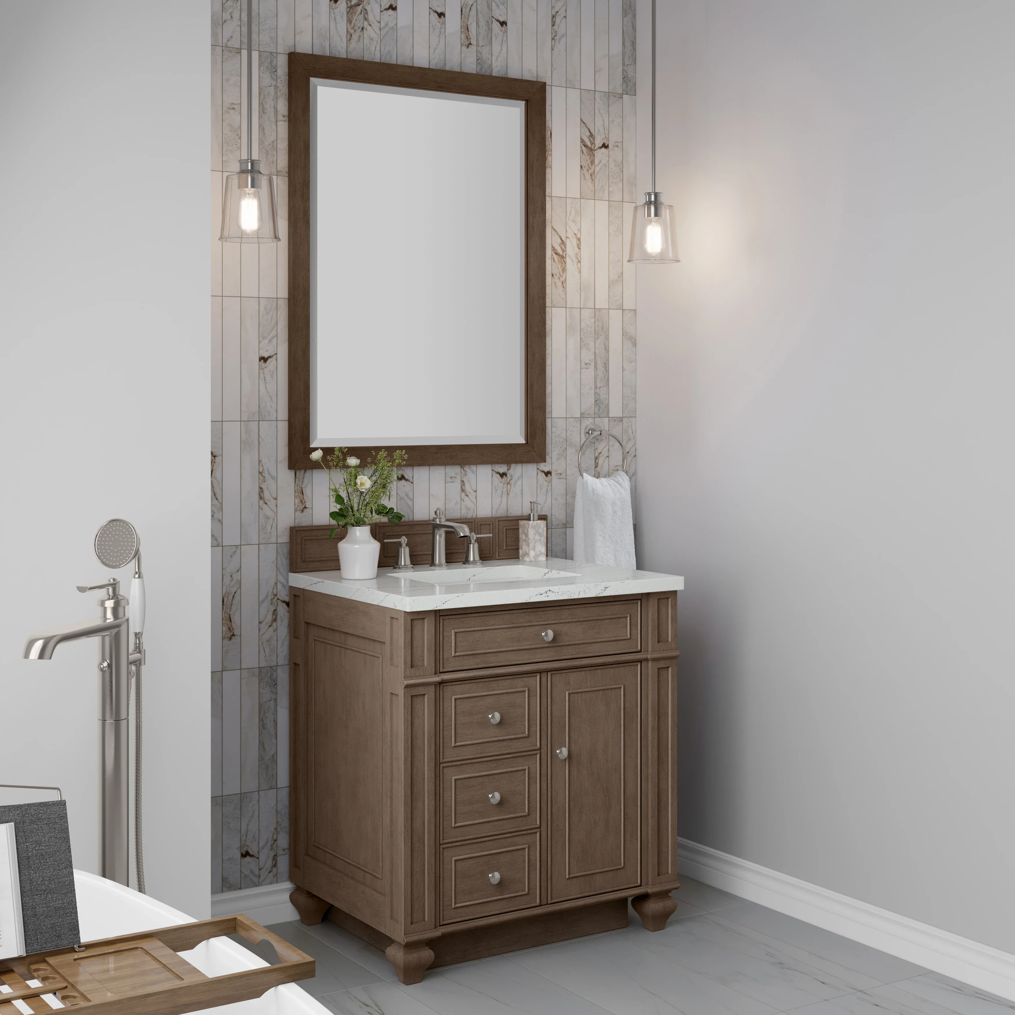 Bristol 30" Single Vanity, Whitewashed Walnut w/ 3 CM Ethereal Noctis Silestone Top
