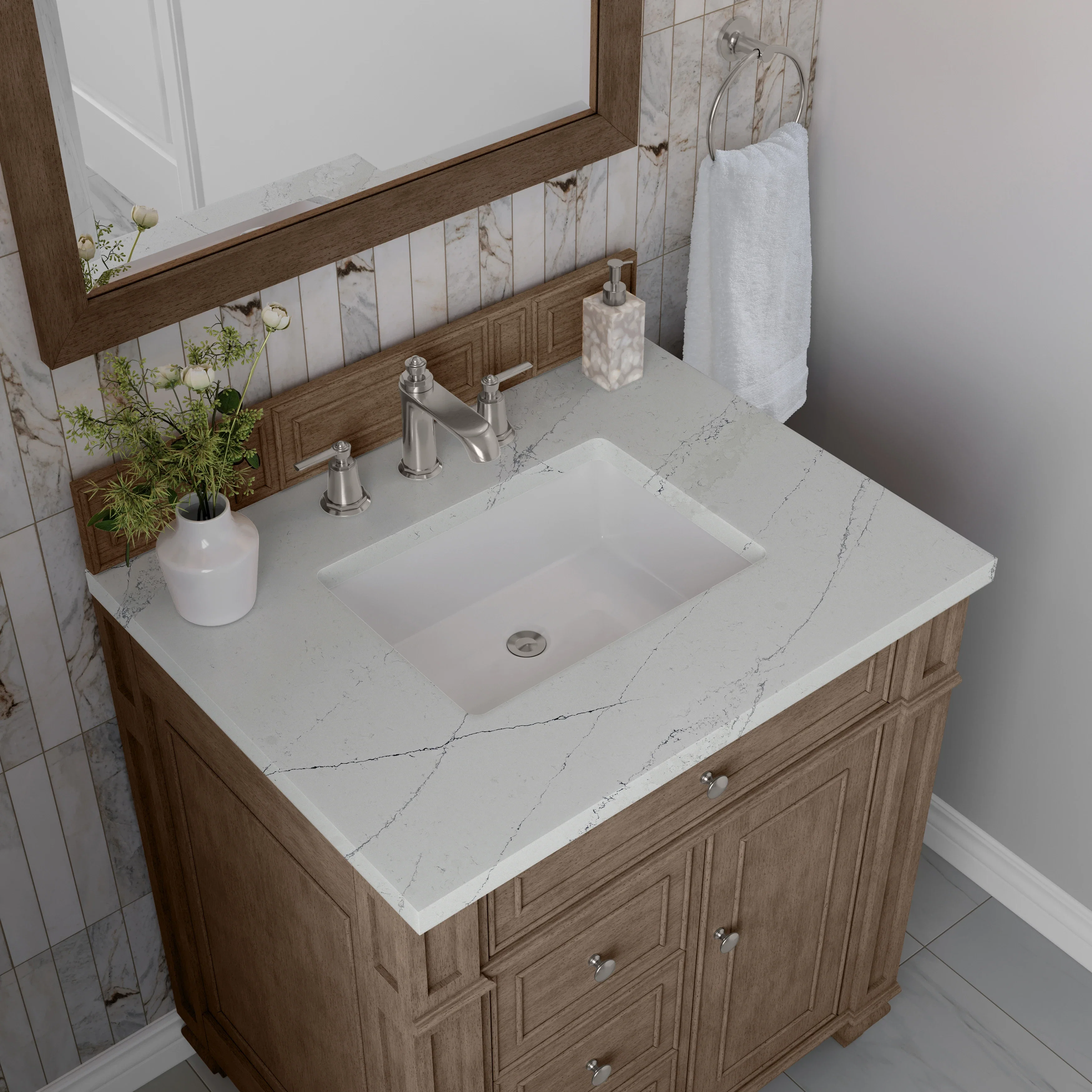 Bristol 30" Single Vanity, Whitewashed Walnut w/ 3 CM Ethereal Noctis Silestone Top