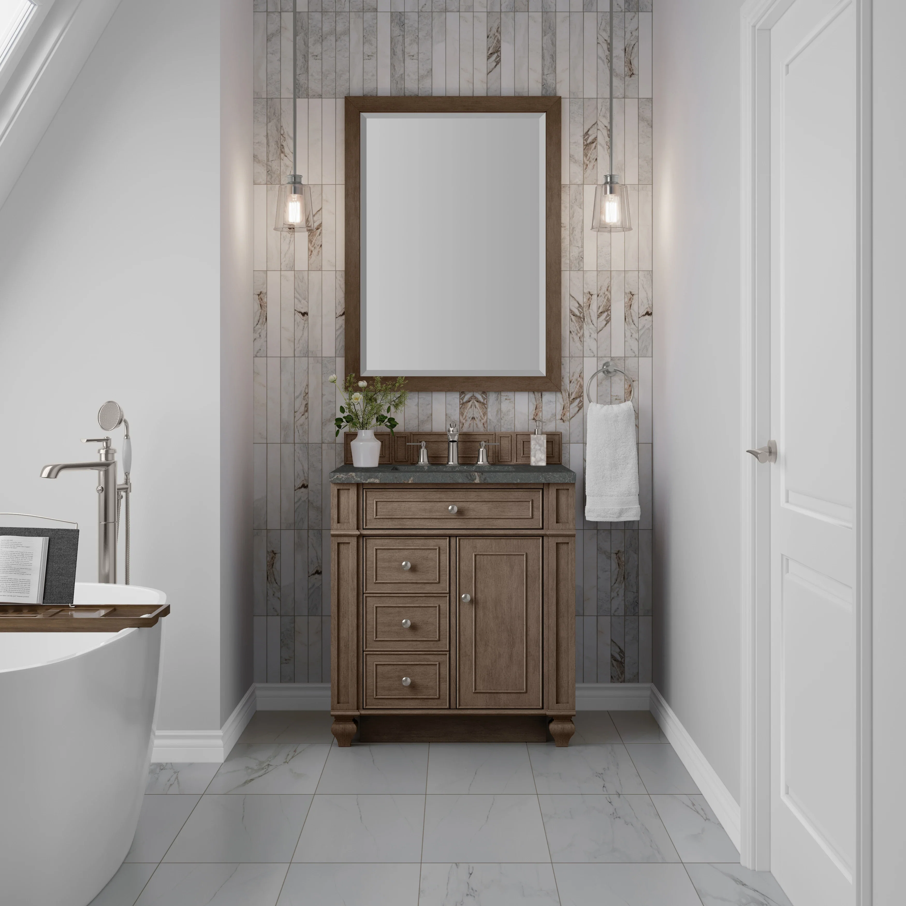 Bristol 30" Single Vanity, Whitewashed Walnut w/ 3 CM Parisien Bleu Silestone Top