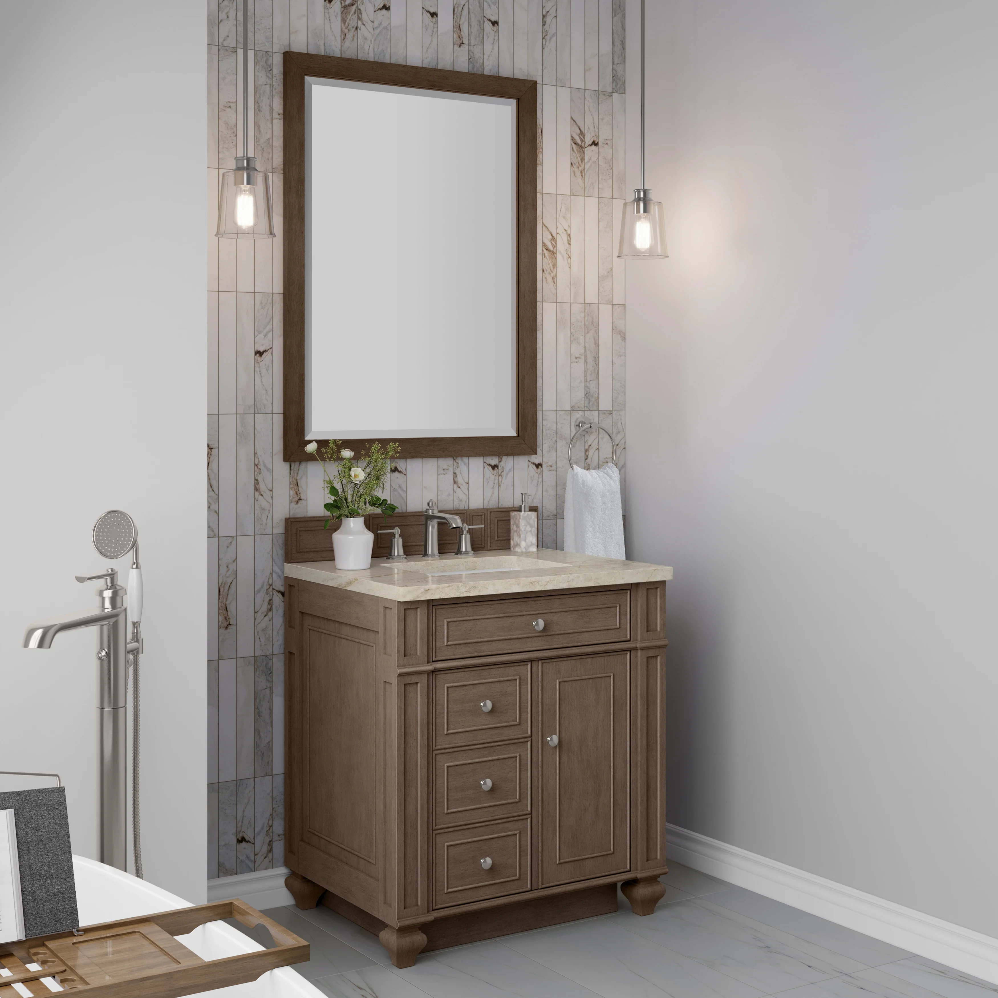 Bristol 30" Single Vanity, Whitewashed Walnut, w/ 3 CM Tajnar Eclos Top