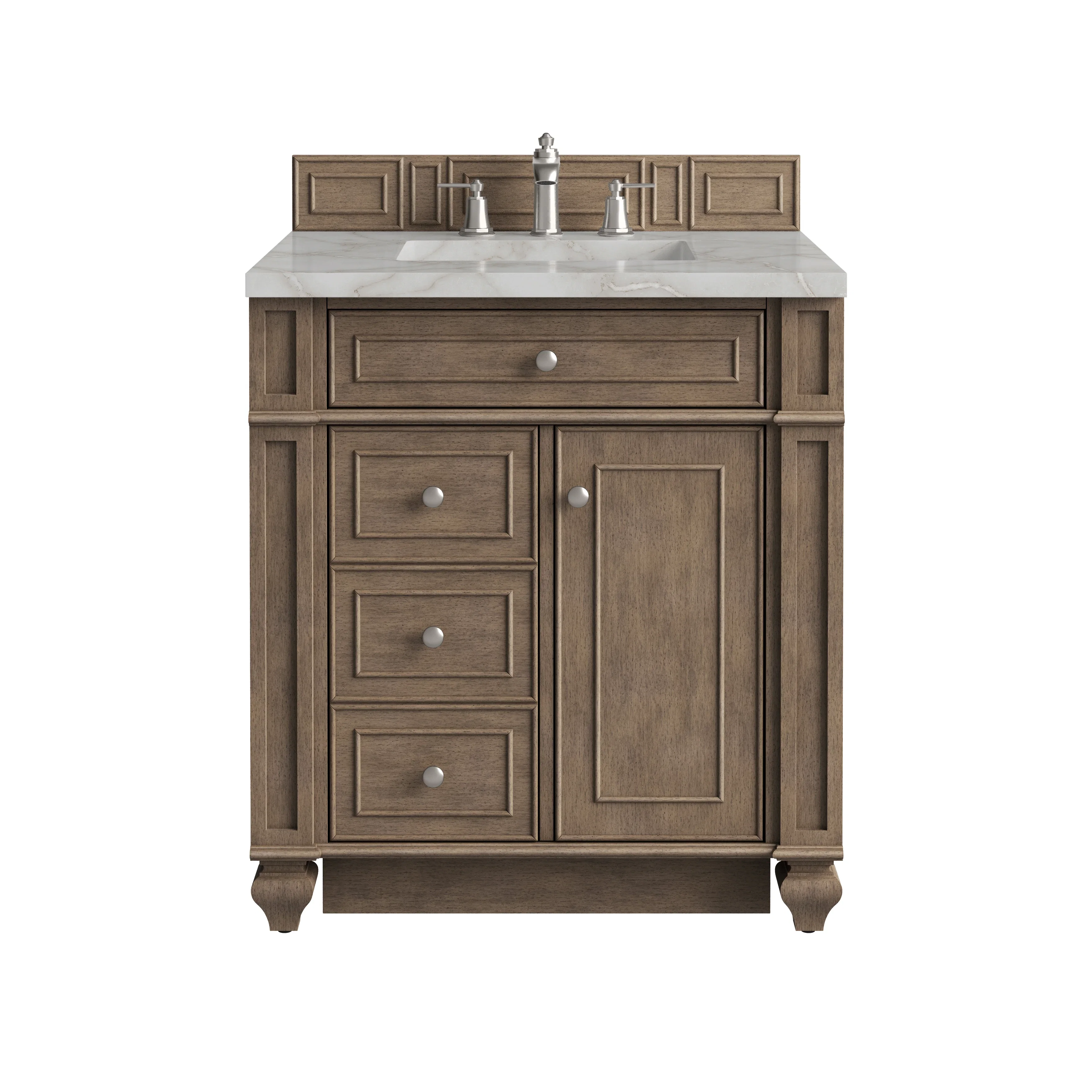 Bristol 30" Single Vanity, Whitewashed Walnut w/ 3 CM Victorian Silver Silestone Top
