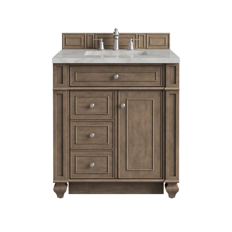 Bristol 30" Single Vanity, Whitewashed Walnut w/ 3 CM Victorian Silver Silestone Top