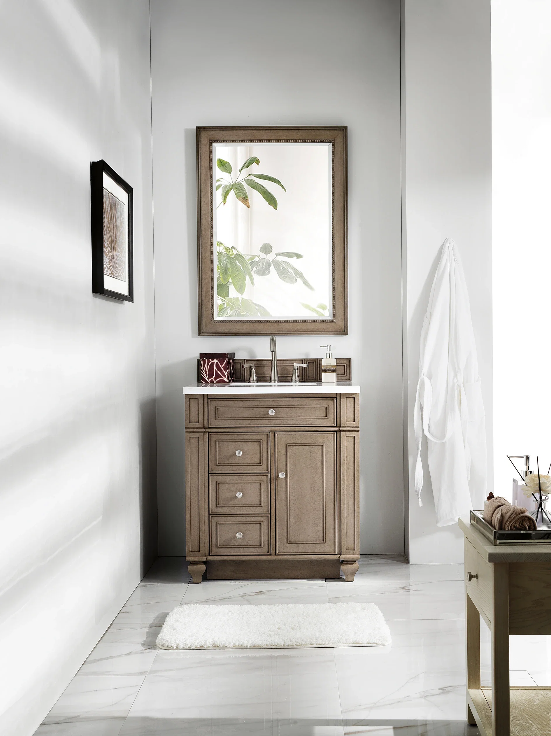 Bristol 30" Single Vanity, Whitewashed Walnut w/ 3 CM White Zeus Silestone Top