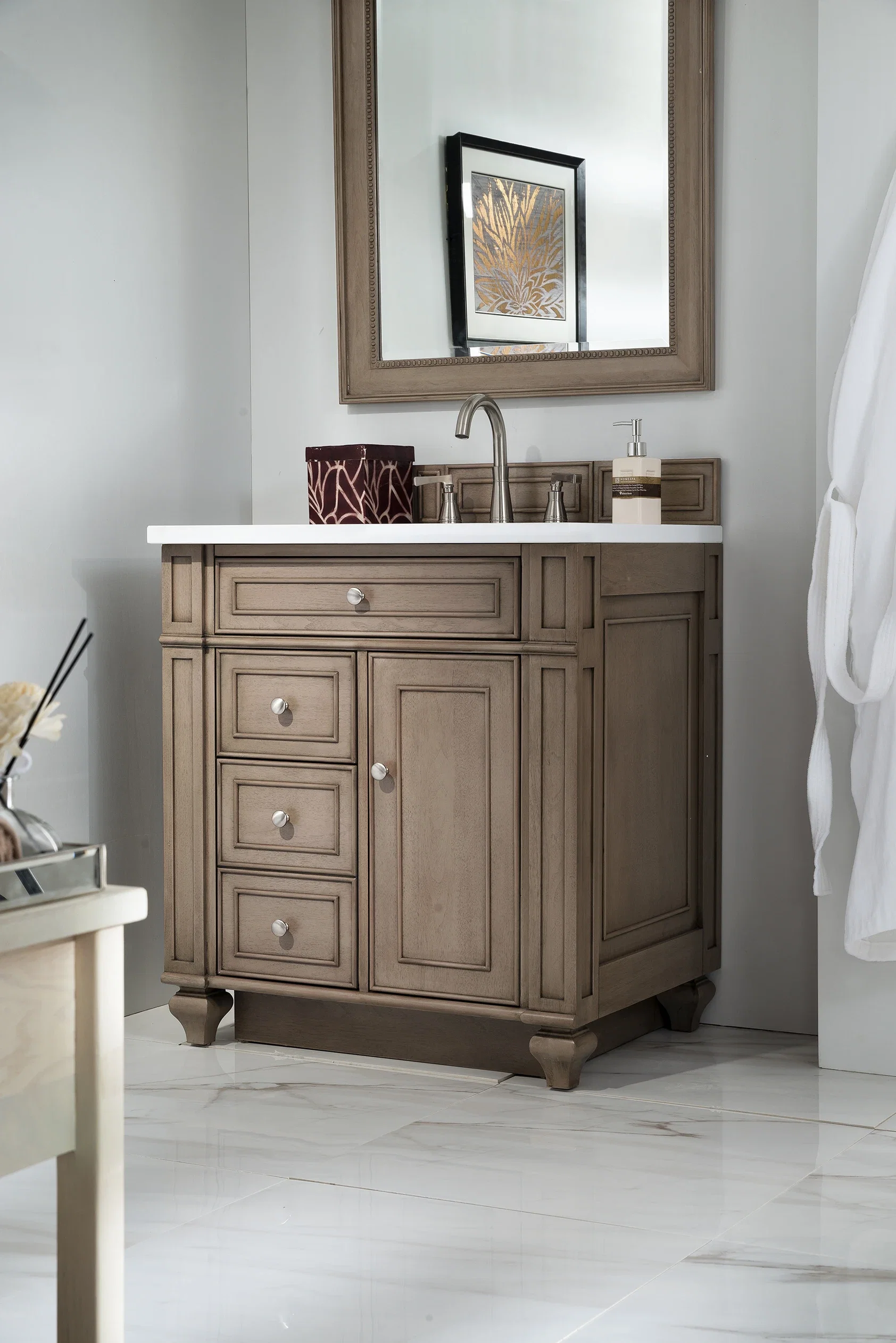 Bristol 30" Single Vanity, Whitewashed Walnut w/ 3 CM White Zeus Silestone Top