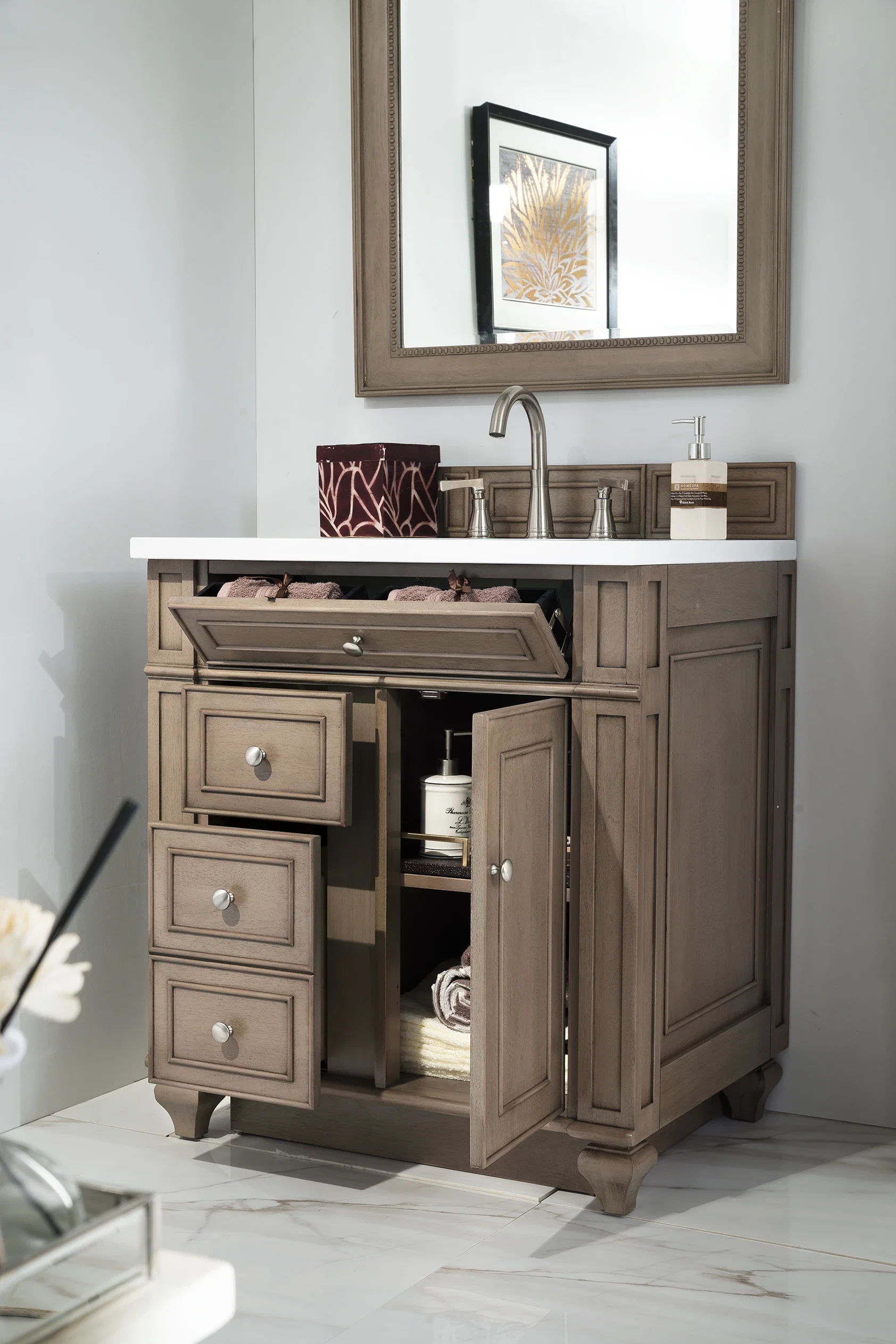 Bristol 30" Single Vanity, Whitewashed Walnut w/ 3 CM White Zeus Silestone Top