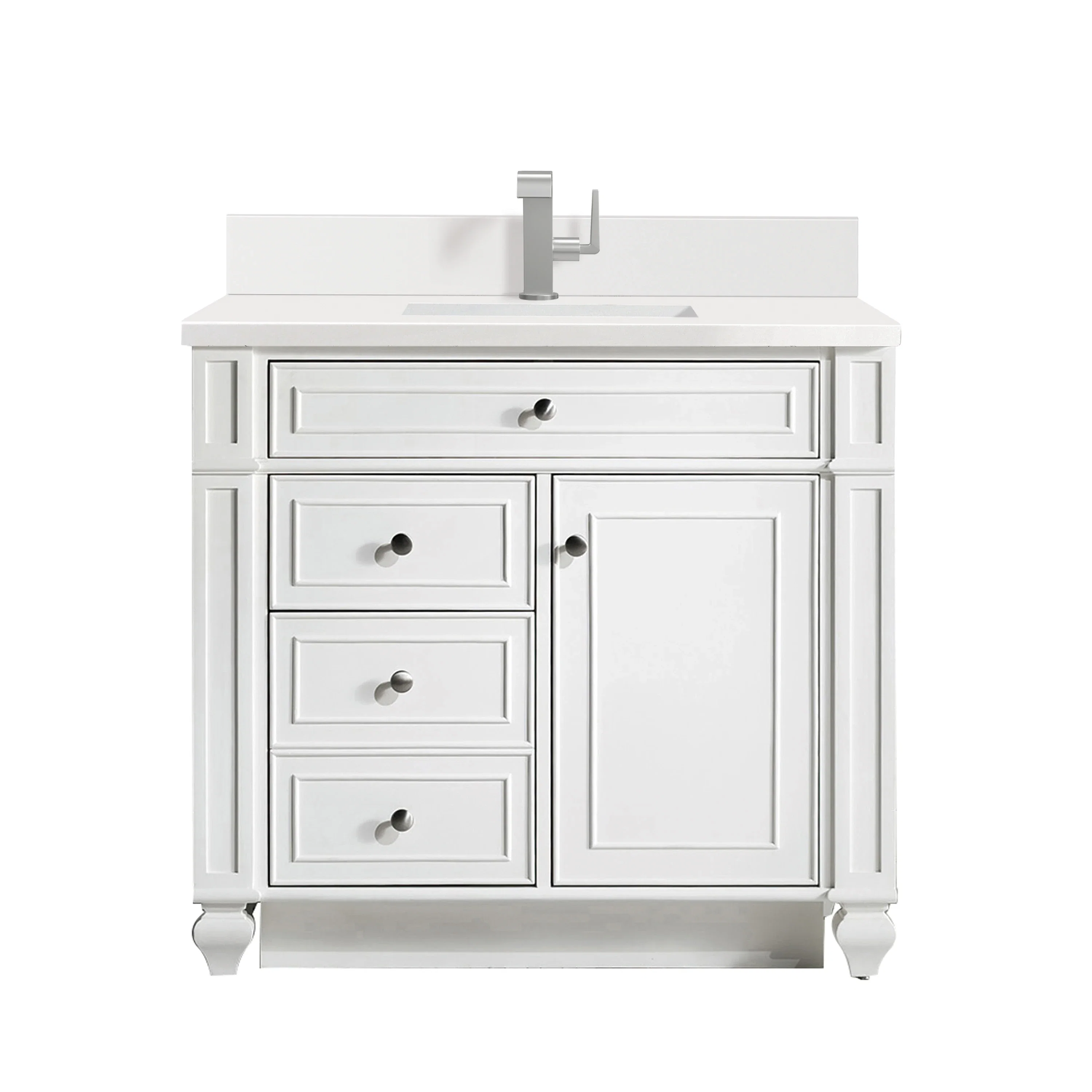Bristol 36" Single Vanity, Bright White w/ Single Hole 3 CM White Zeus Silestone Top & Backsplash