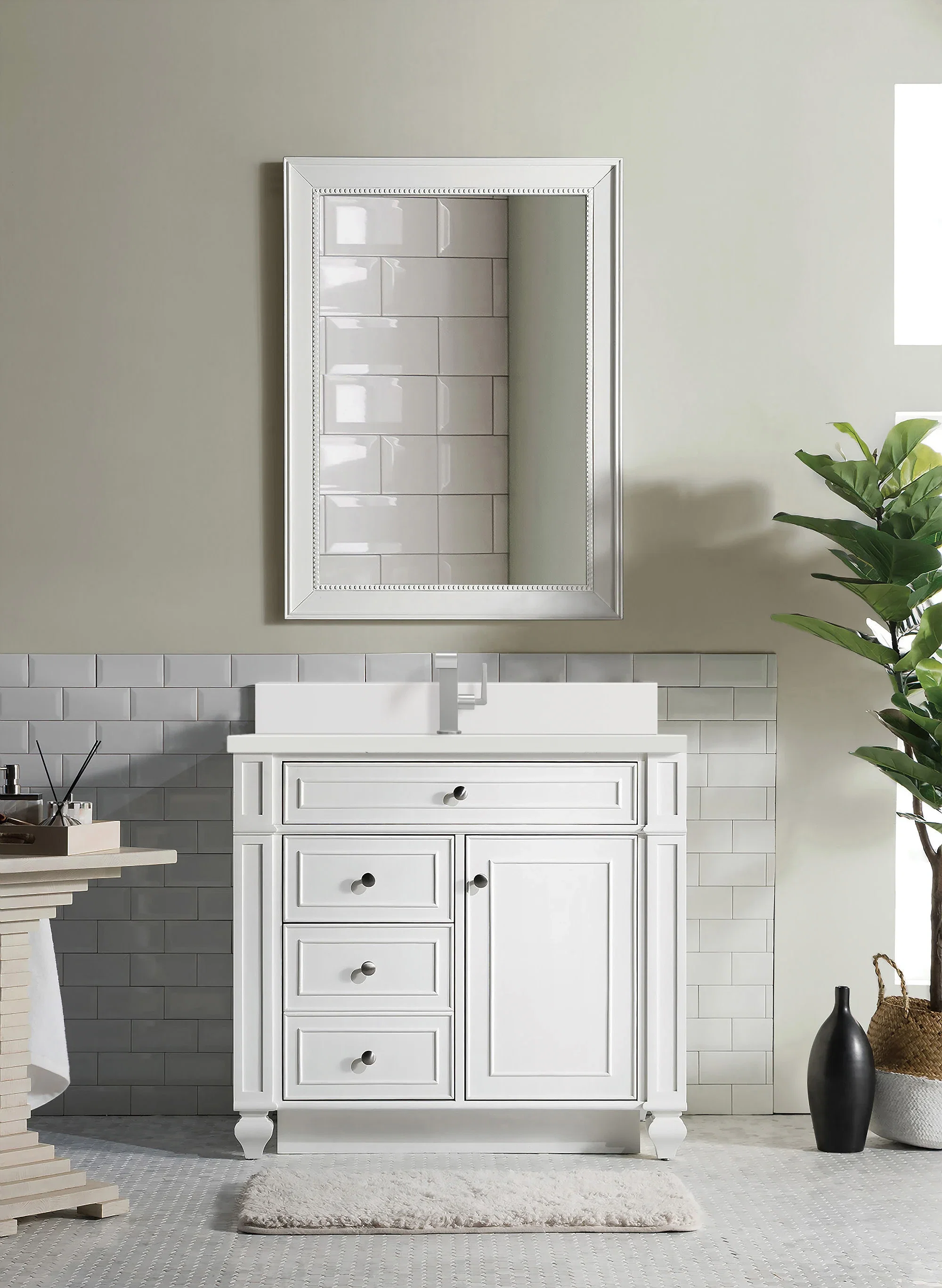 Bristol 36" Single Vanity, Bright White w/ Single Hole 3 CM White Zeus Silestone Top & Backsplash