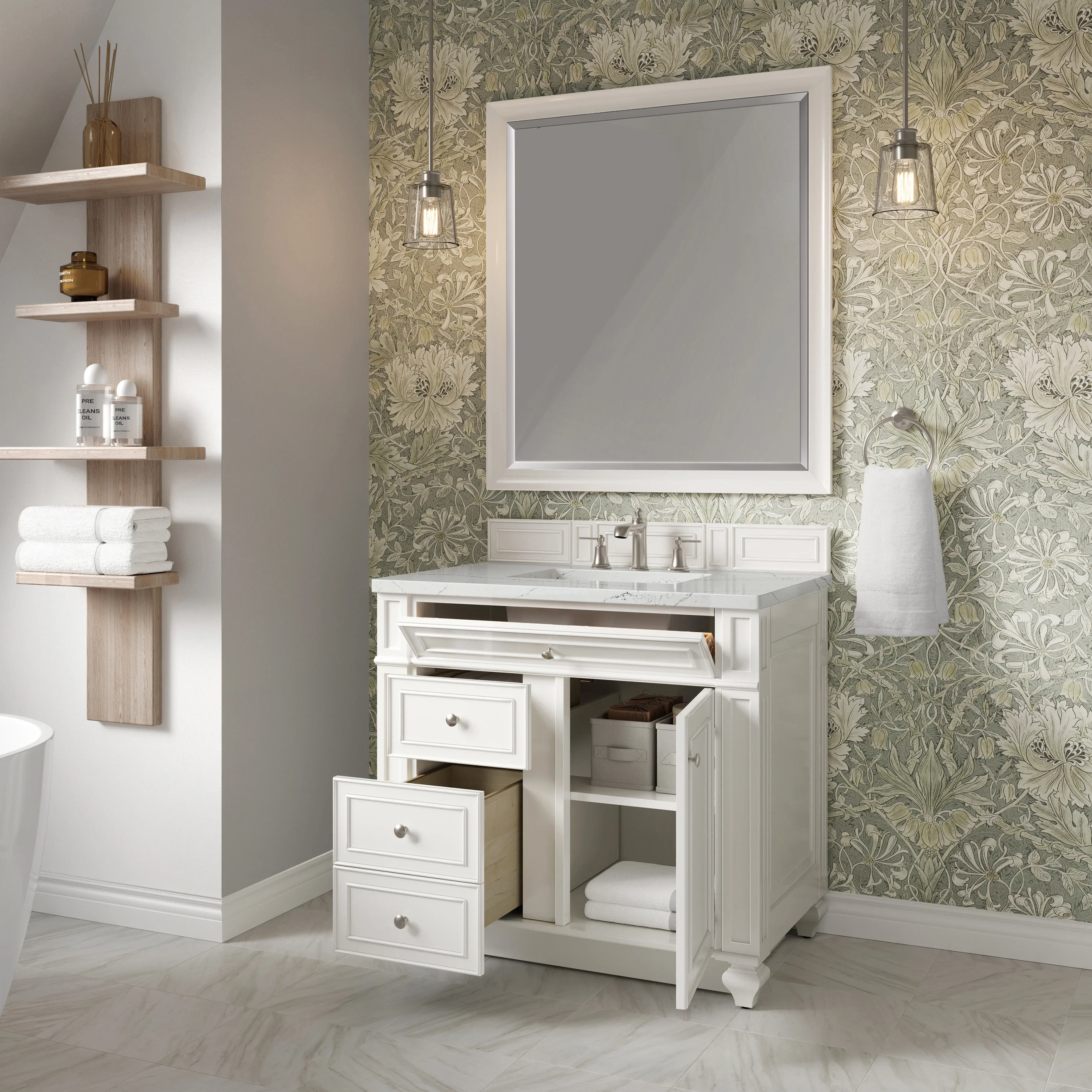 Bristol 36" Single Vanity, Bright White w/ 3 CM Ethereal Noctis Silestone Top