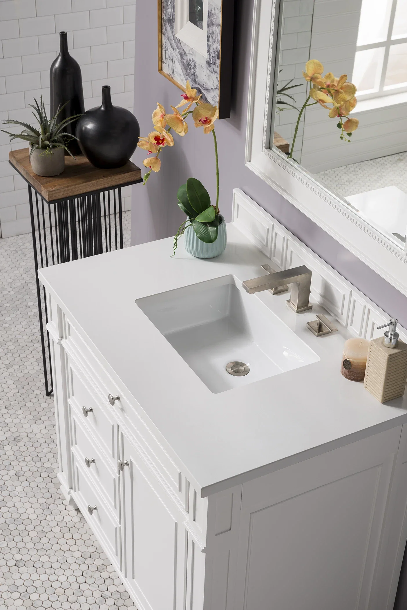 Bristol 36" Single Vanity, Bright White w/ 3 CM White Zeus Silestone Top