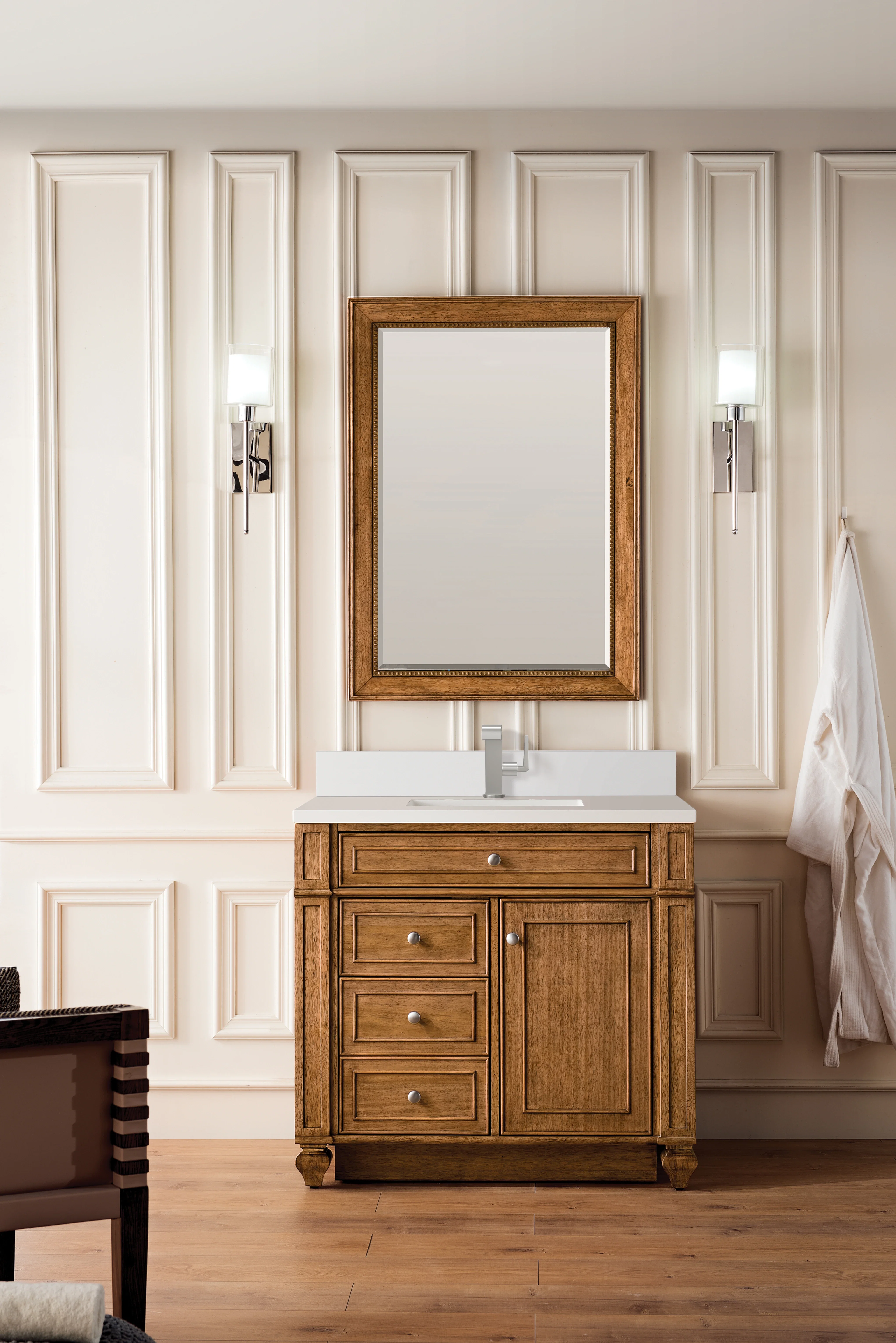 Bristol 36" Single Vanity, Saddle Brown w/ Single Hole 3 CM White Zeus Silestone Top & Backsplash