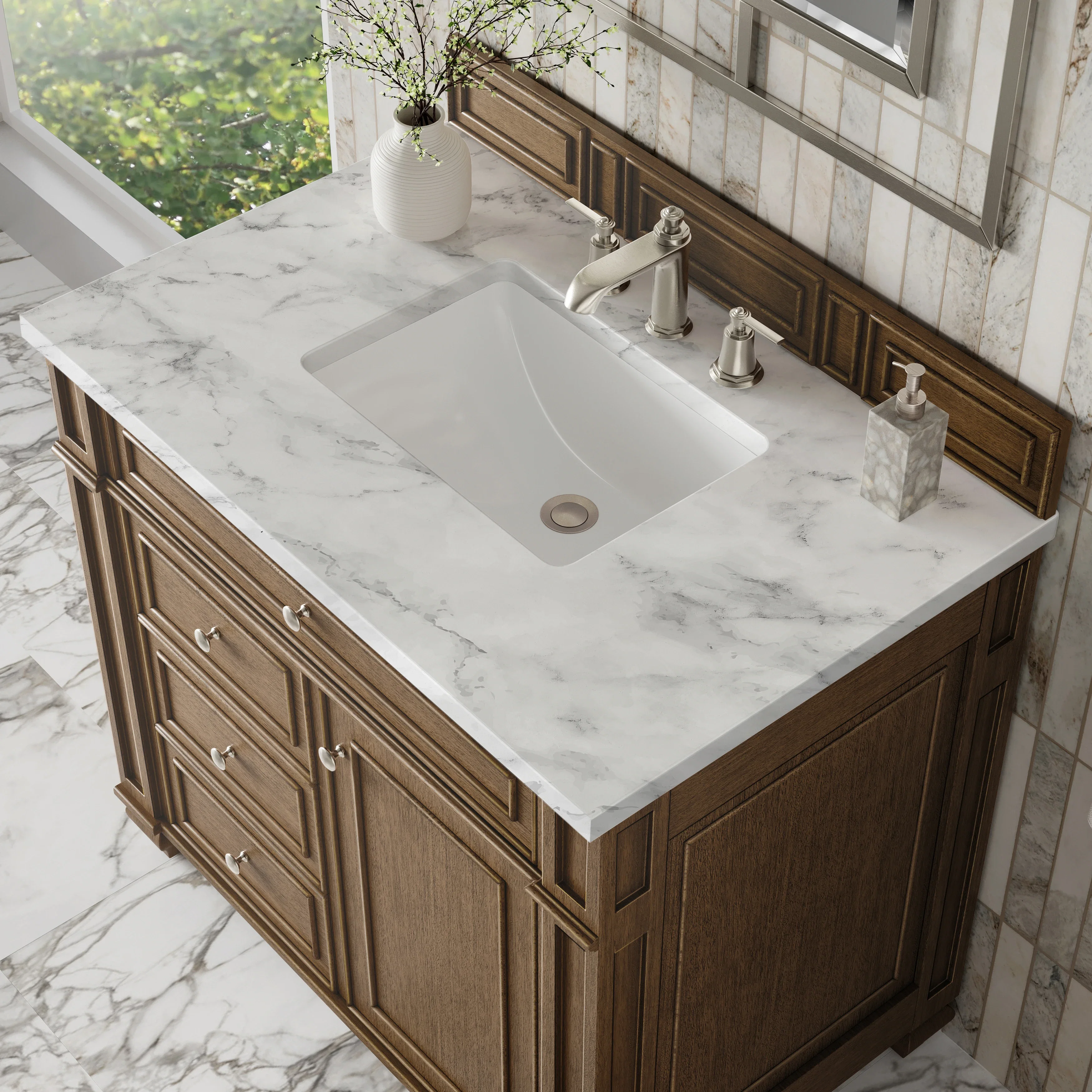 Bristol 36" Single Vanity, Saddle Brown w/ 3 CM Carrara Marble Top