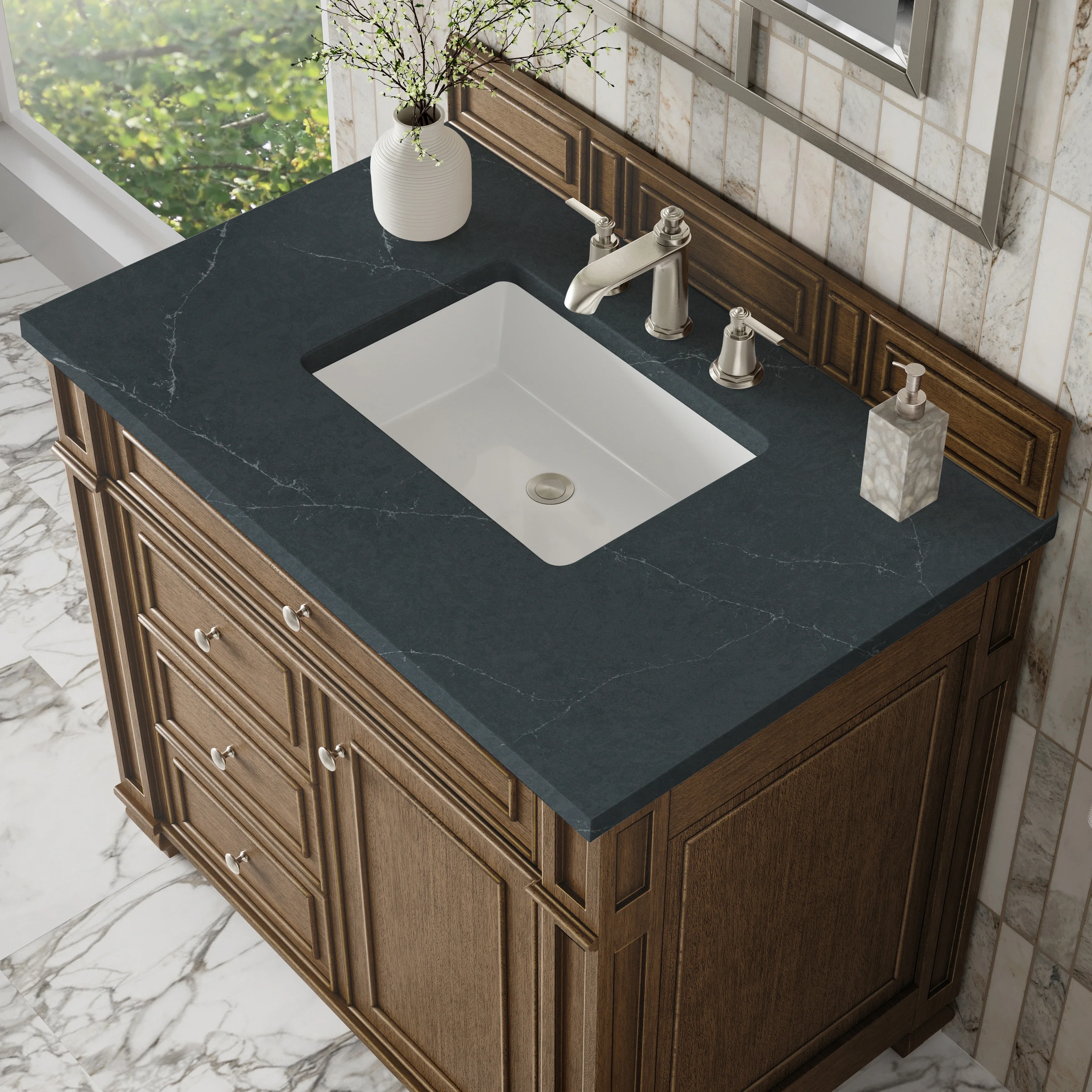 Bristol 36" Single Vanity, Saddle Brown w/ 3 CM Charcoal Soapstone Silestone Top