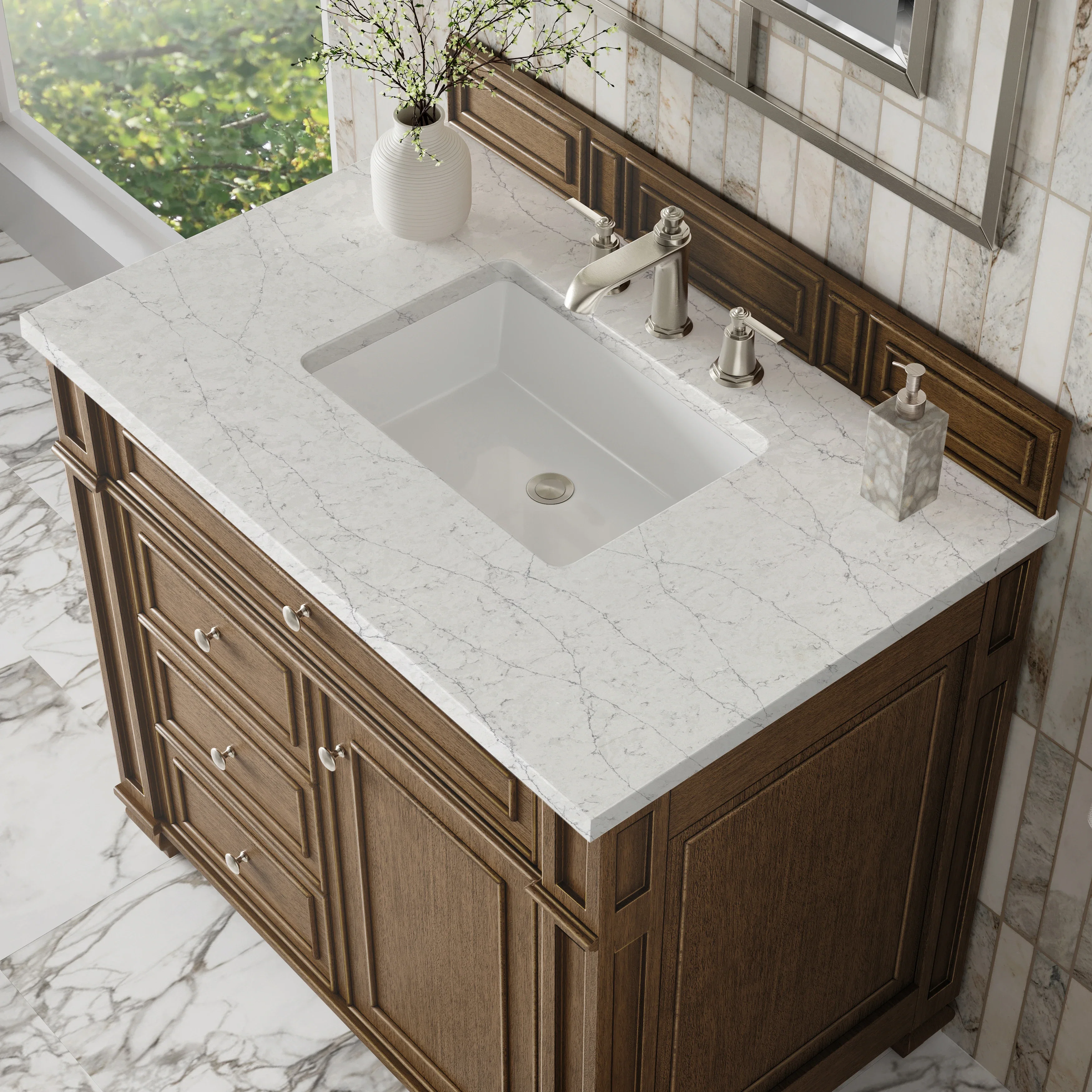 Bristol 36" Single Vanity, Saddle Brown w/ 3 CM Eternal Jasmine Pearl Silestone Top