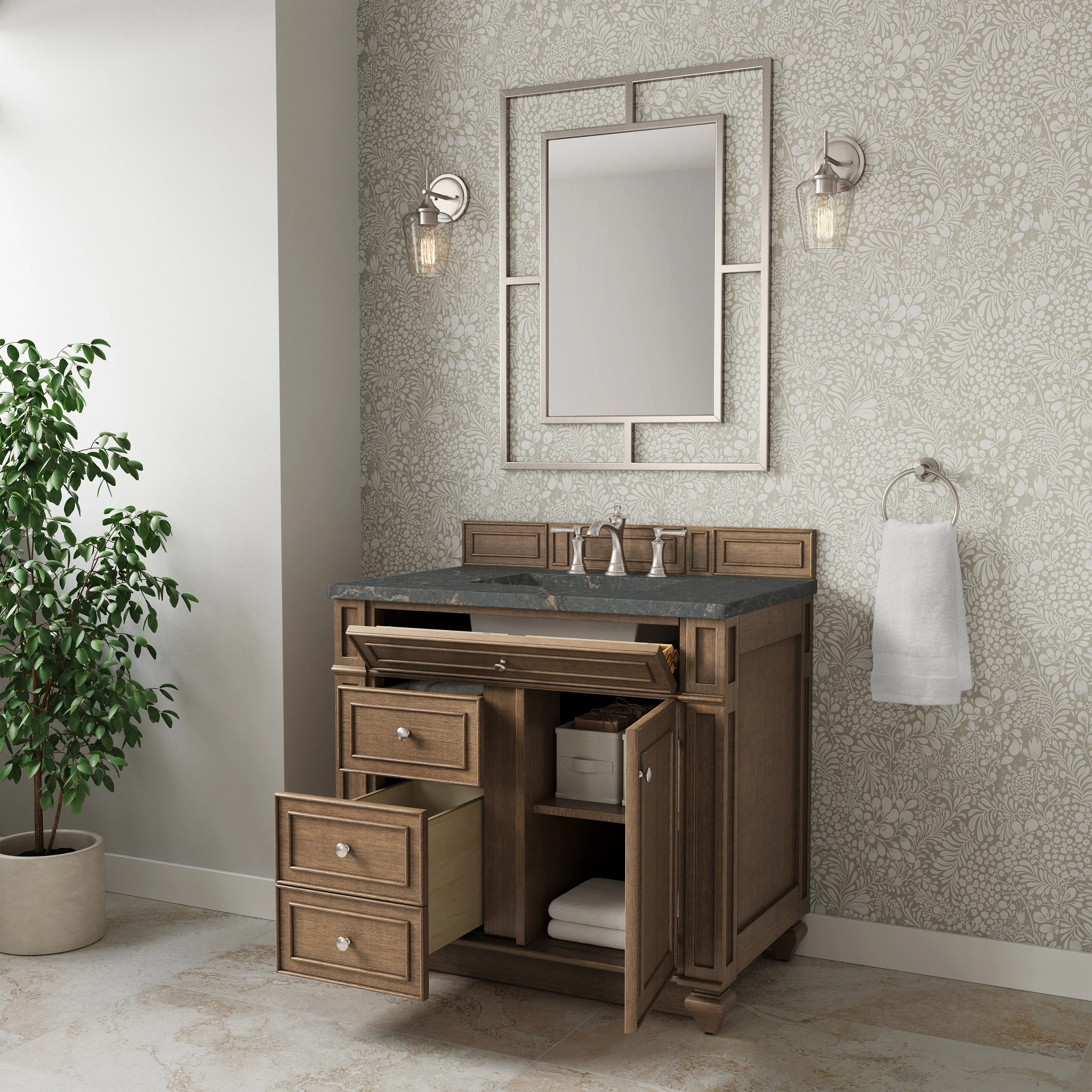 Bristol 36" Single Vanity, Saddle Brown w/ 3 CM Parisien Bleu Silestone Top